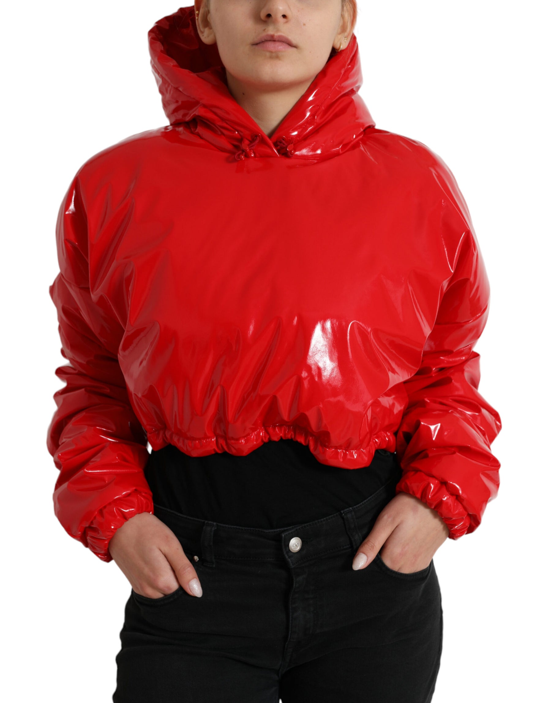 Dolce & Gabbana Shiny Red Hooded Cropped Short Coat Jacket | Regal Royce