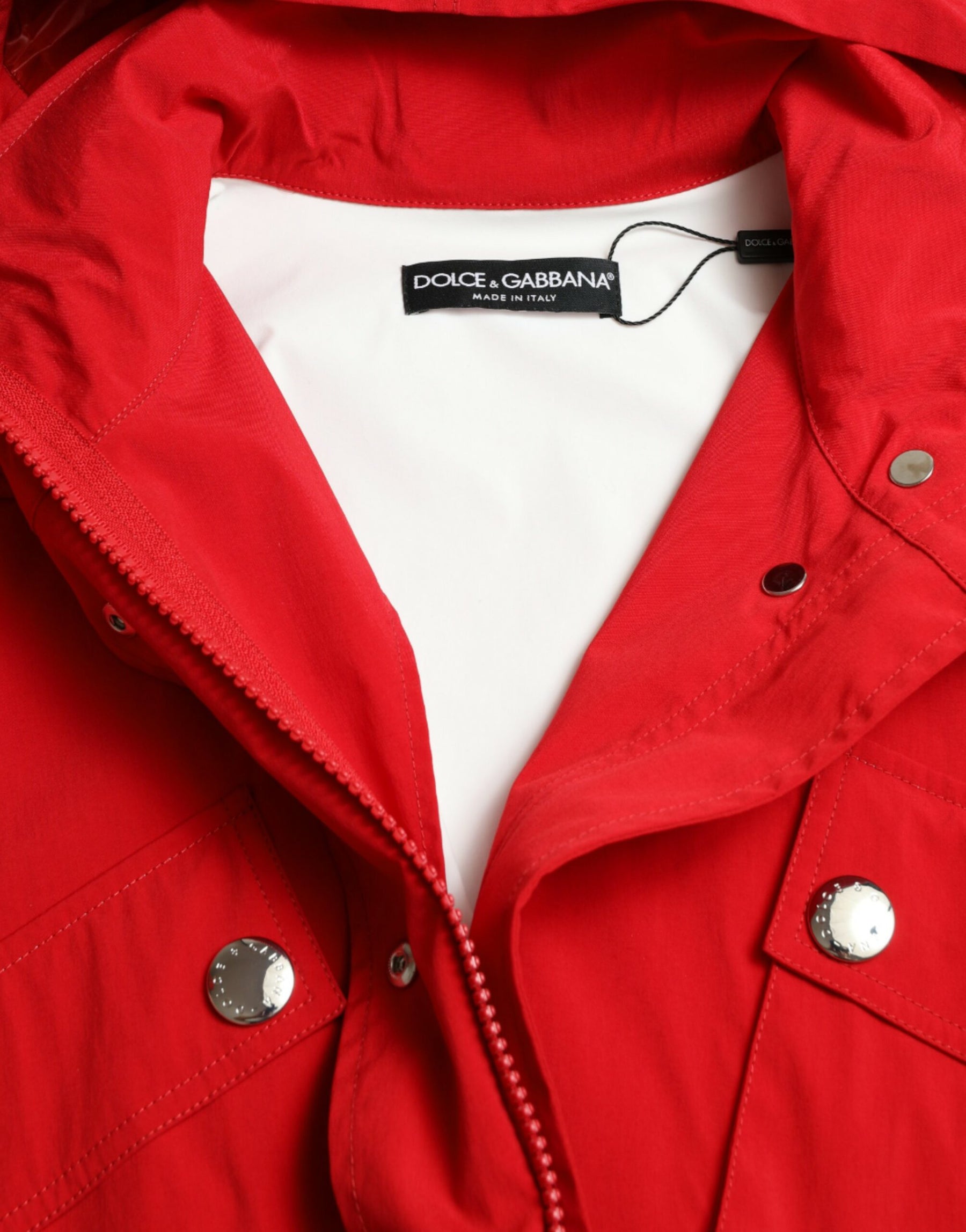 Dolce & Gabbana Red Polyester Hooded Button Rain Coat Jacket | Regal Royce