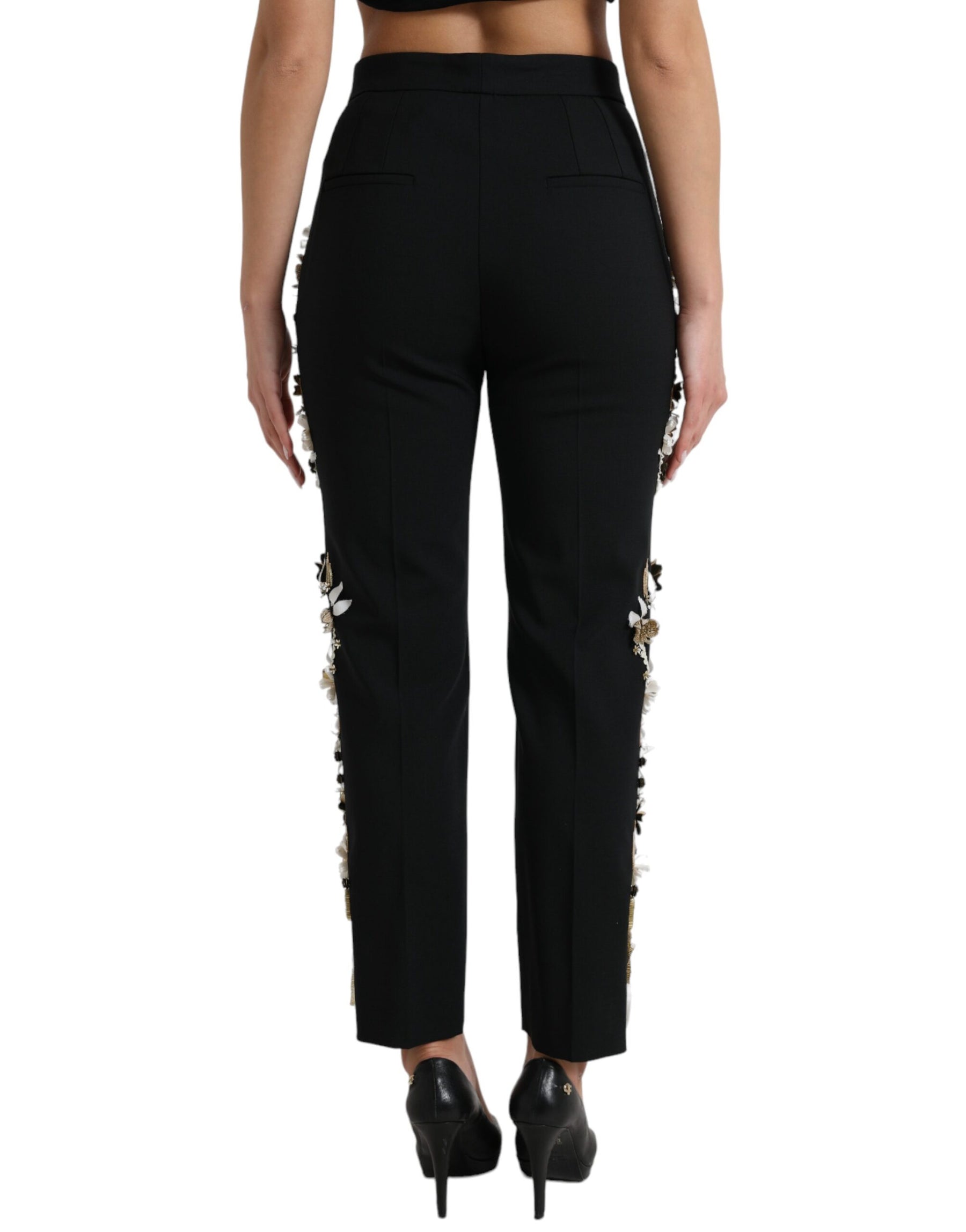 Dolce & Gabbana Black Floral Applique High Waist Tapered Pants | Regal Royce