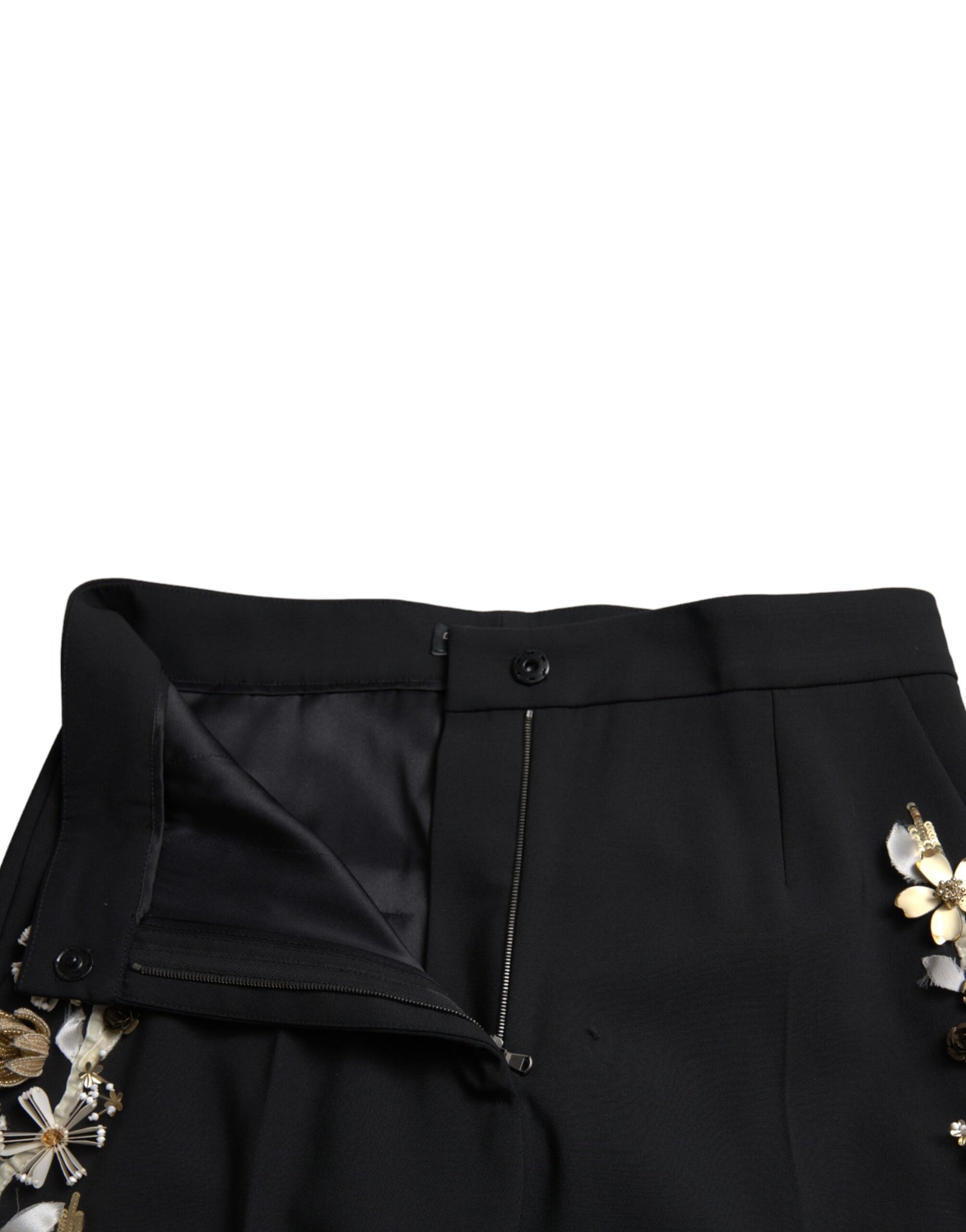 Dolce & Gabbana Black Floral Applique High Waist Tapered Pants | Regal Royce