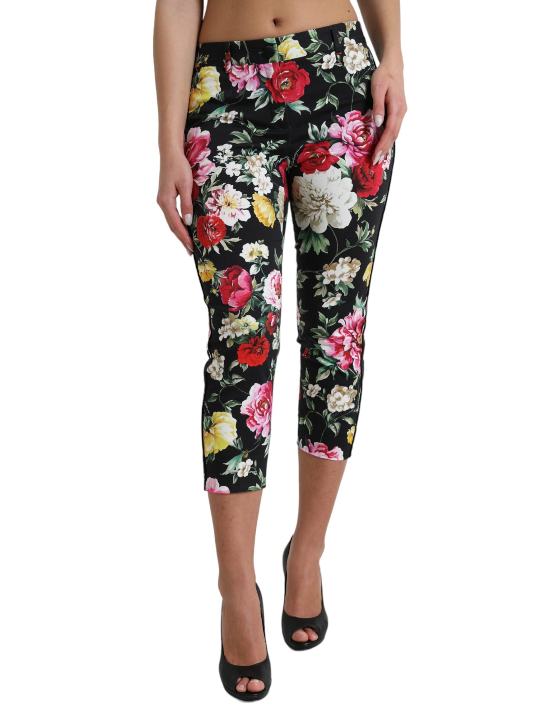 Dolce & Gabbana Black Floral Print Mid Waist Cropped Pants | Regal Royce