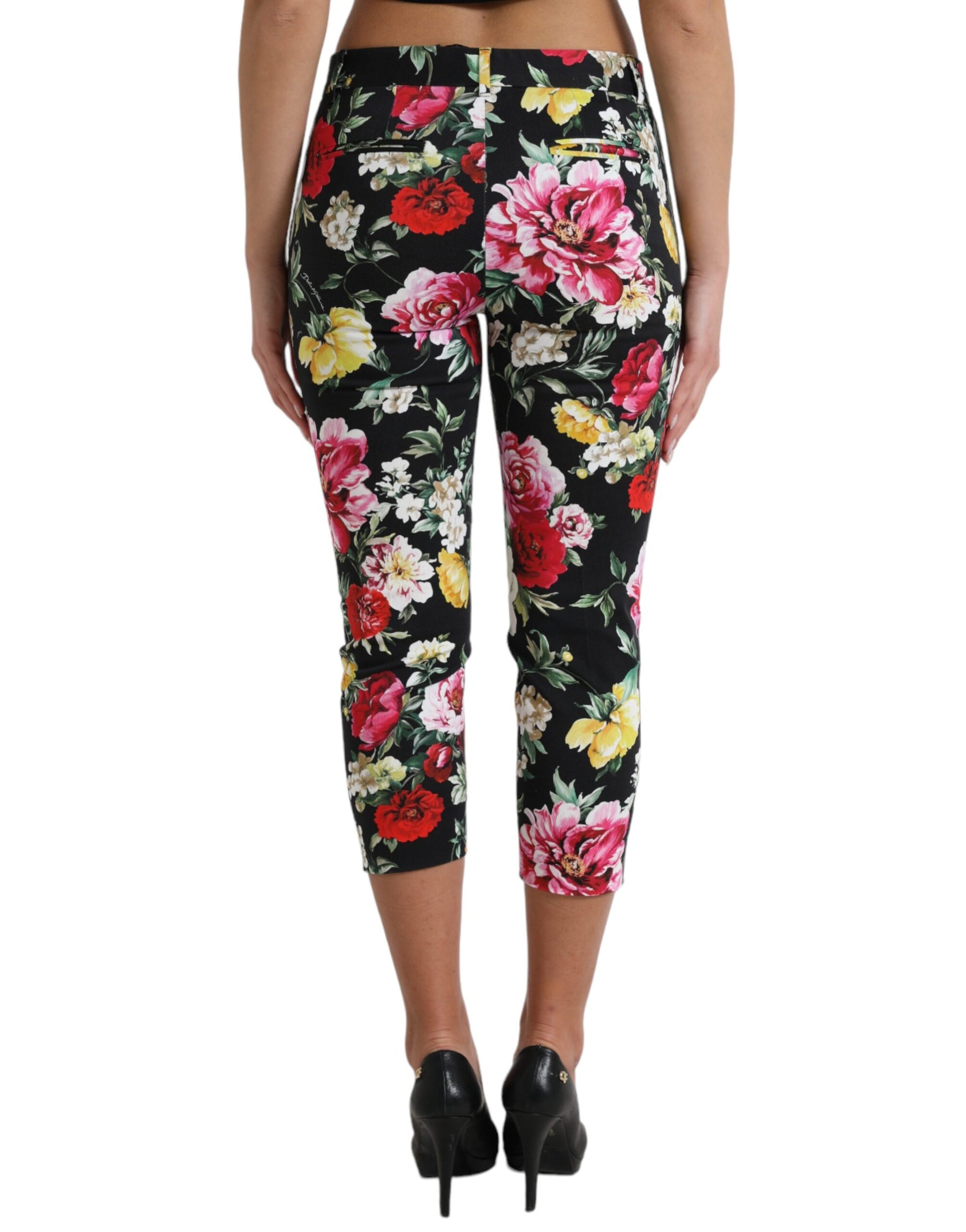 Dolce & Gabbana Black Floral Print Mid Waist Cropped Pants | Regal Royce