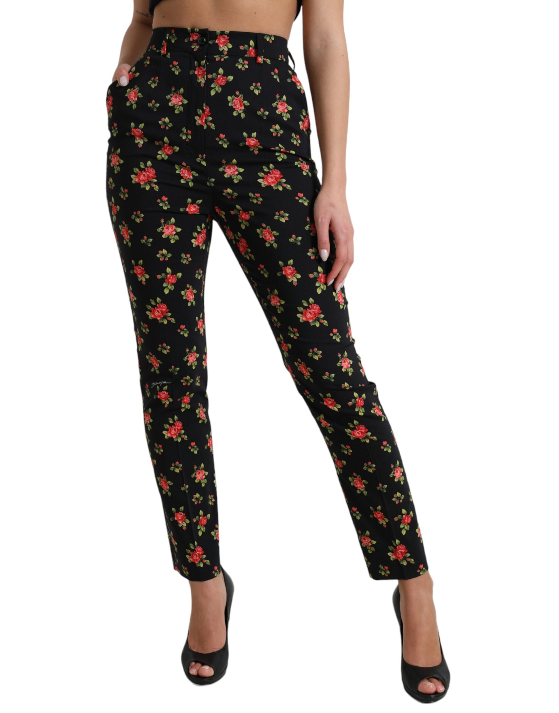 Dolce & Gabbana Black Floral Wool High Waist Tapered Pants | Regal Royce