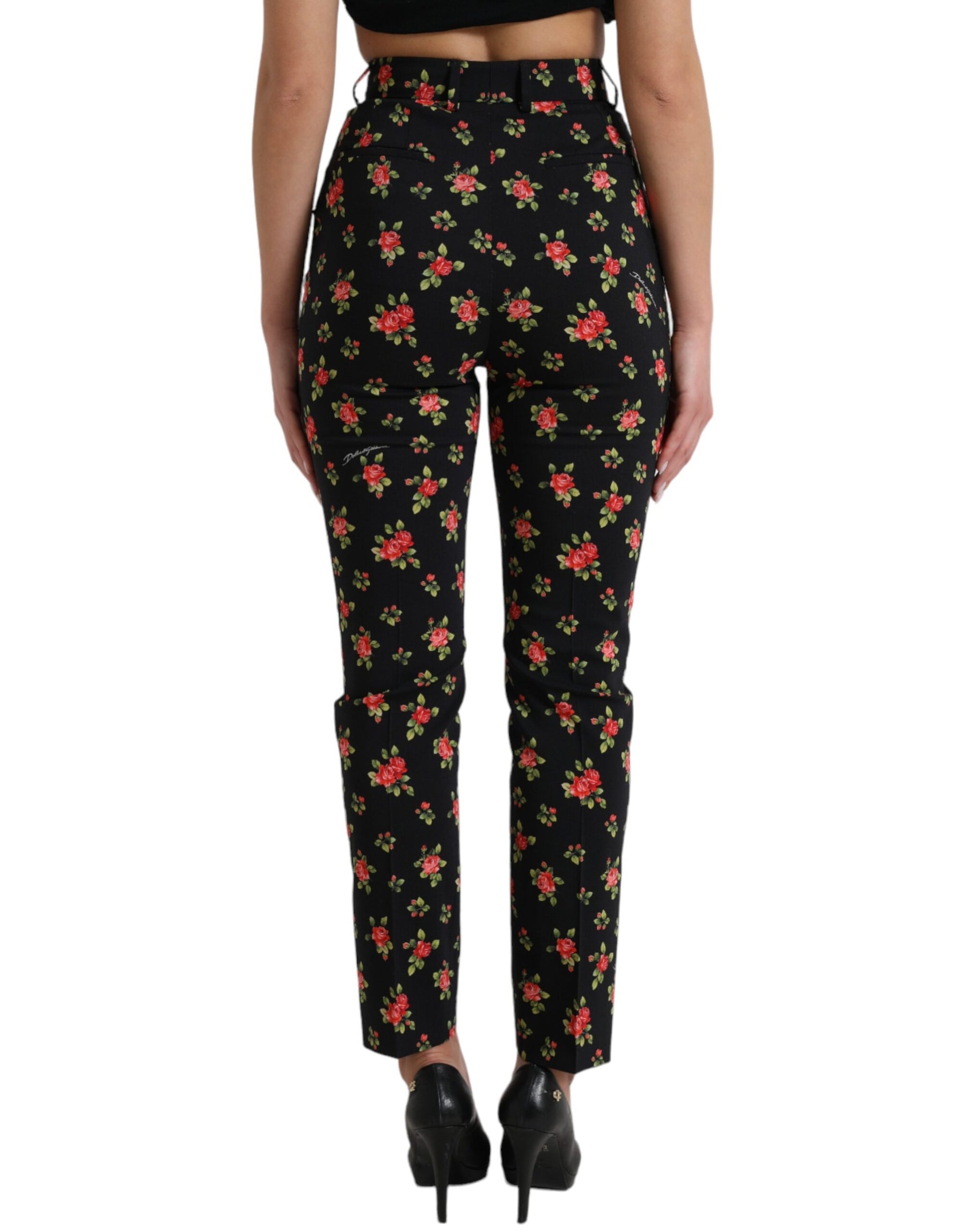 Dolce & Gabbana Black Floral Wool High Waist Tapered Pants | Regal Royce