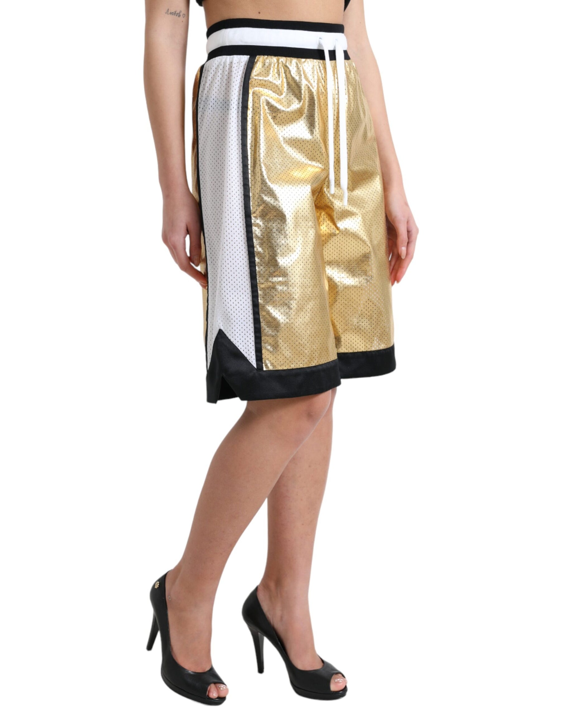 Dolce & Gabbana Gold Polyester Perforated High Waist Shorts | Regal Royce