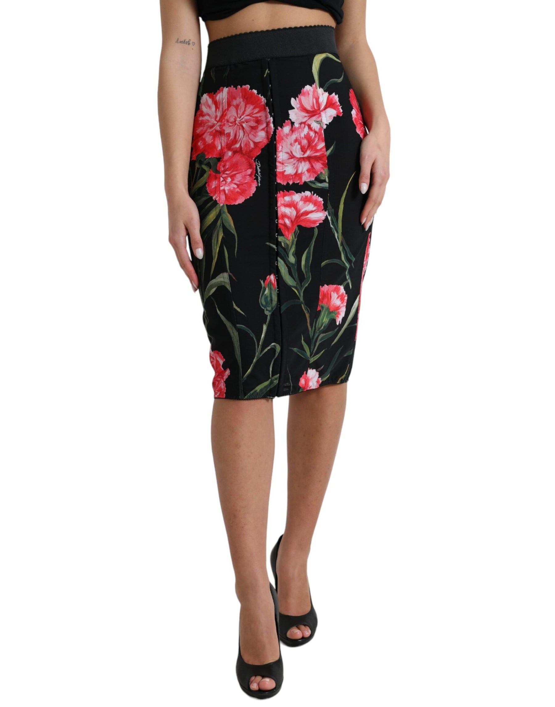 Dolce & Gabbana Black Carnation Pencil Cut Knee Length Skirt | Regal Royce