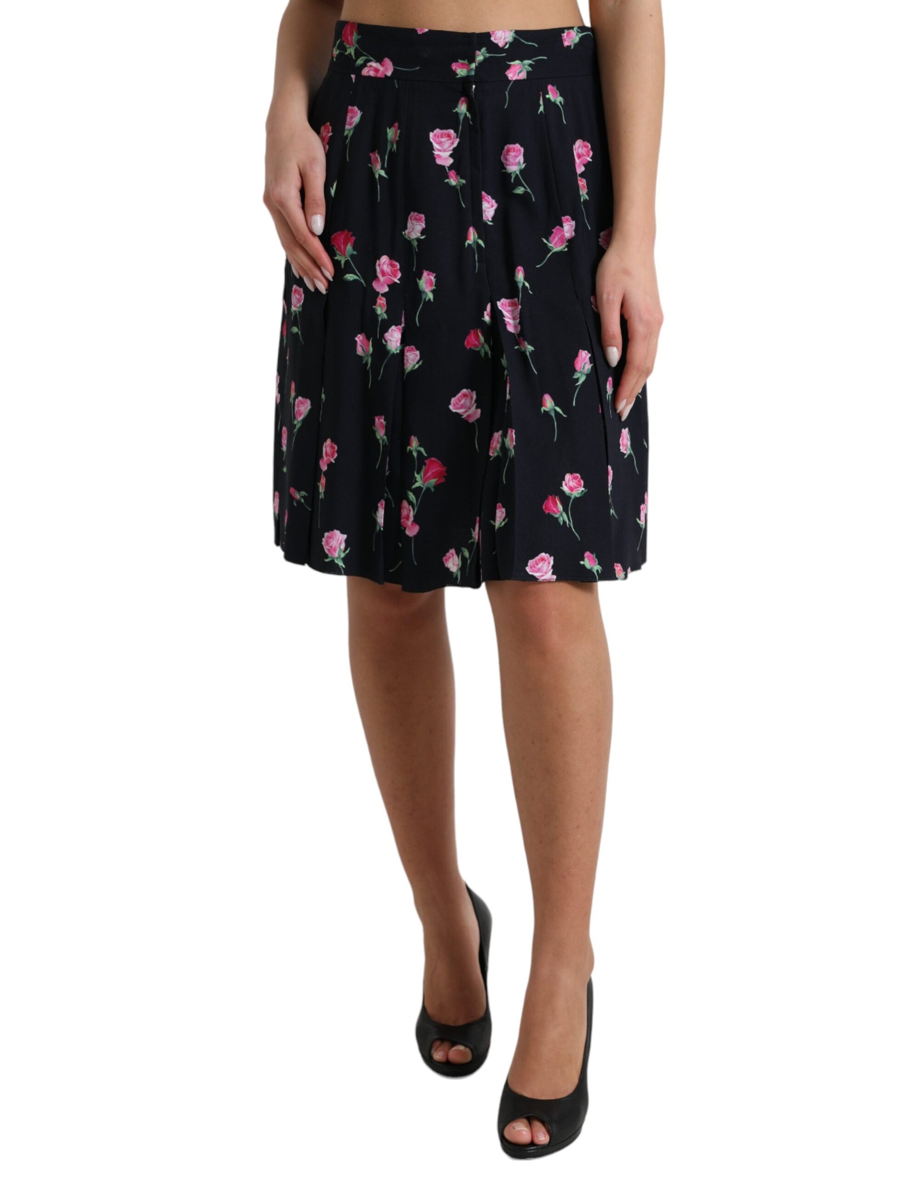 Dolce & Gabbana Black Rose High Waist A-line Knee Length Skirt | Regal Royce