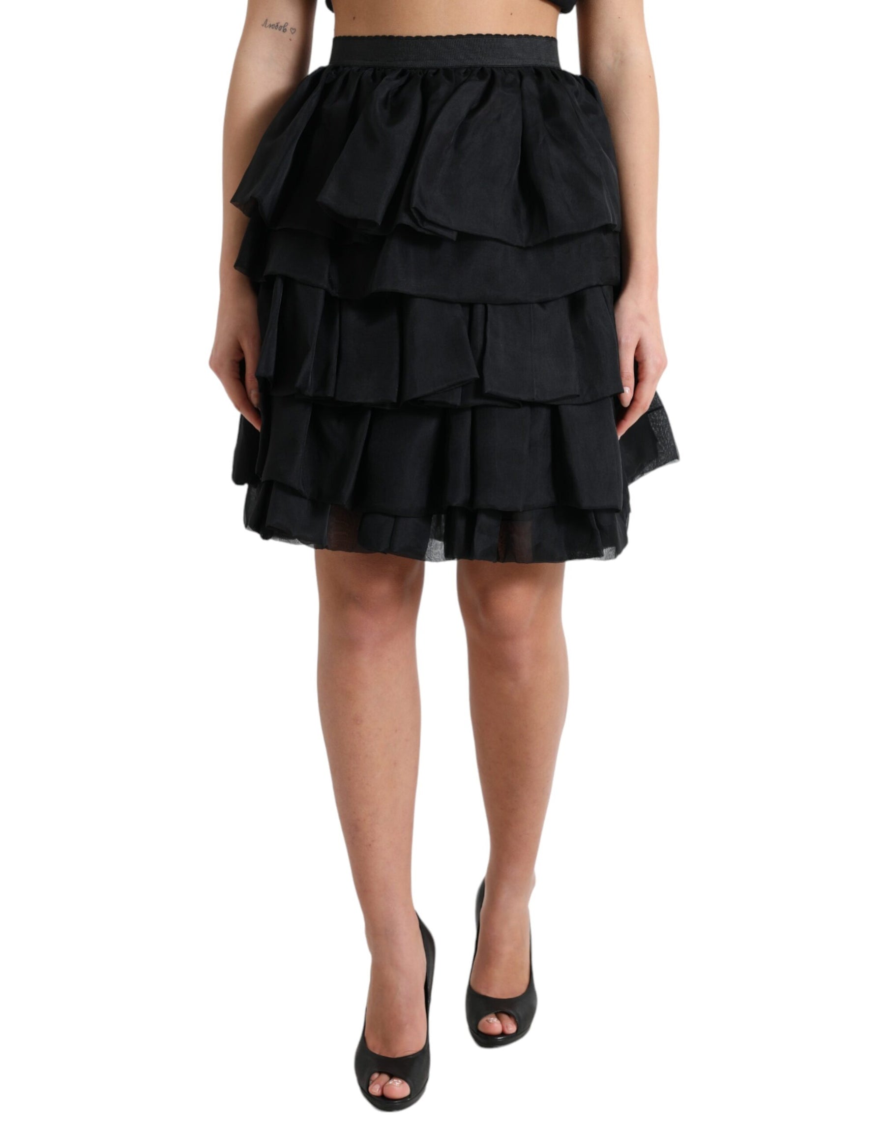 Dolce & Gabbana Black Tiered Aline High Waist Silk Mini Skirt | Regal Royce