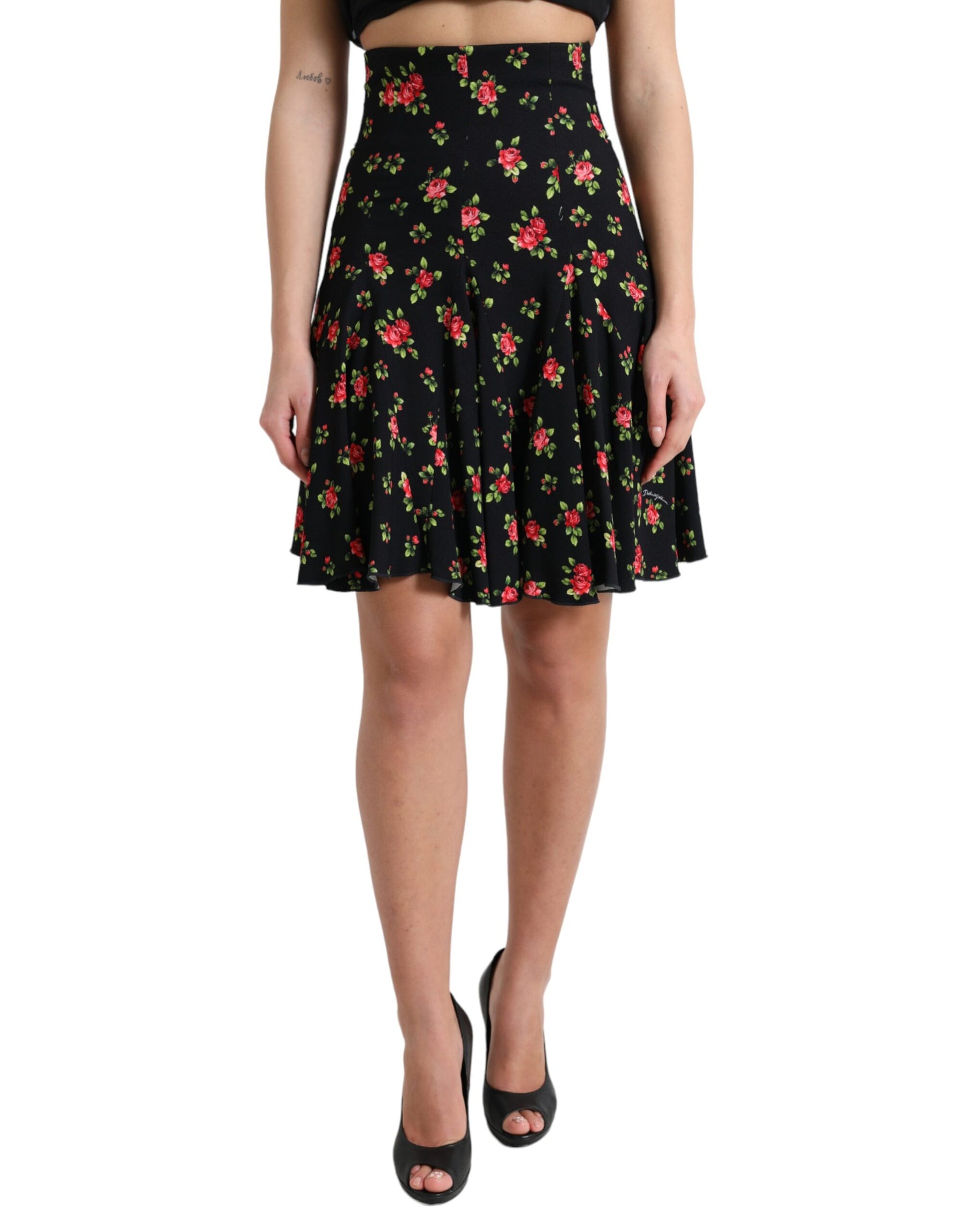 Dolce & Gabbana Black Rose Print High Waist A-line Mini Skirt | Regal Royce