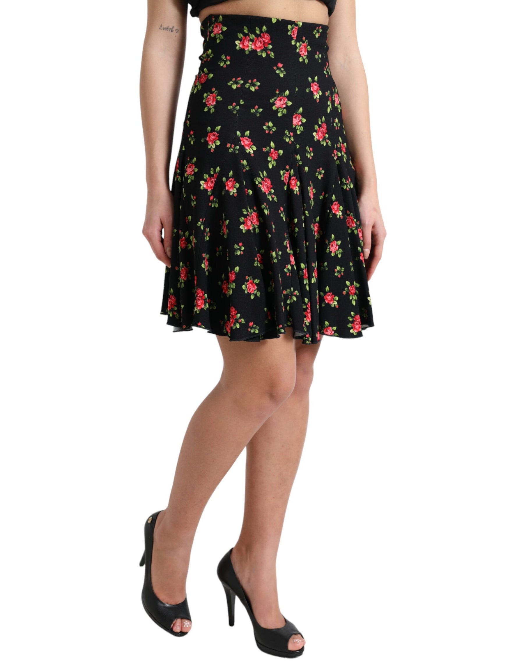 Dolce & Gabbana Black Rose Print High Waist A-line Mini Skirt | Regal Royce