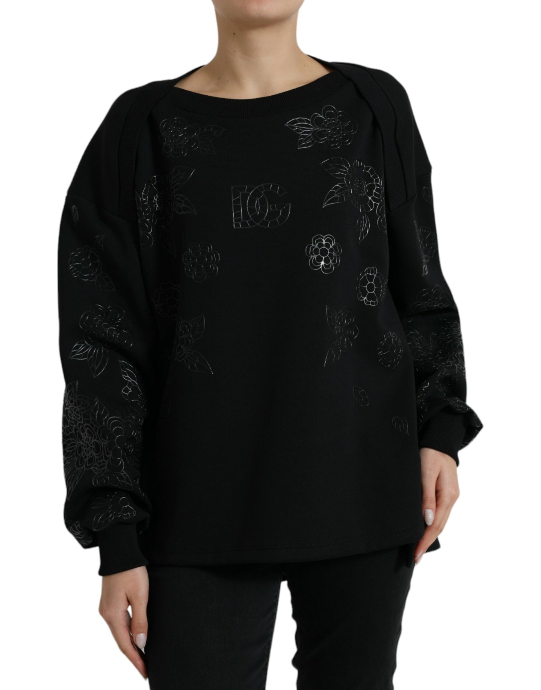Dolce & Gabbana Black Pullover Floral Logo Applique Sweater | Regal Royce