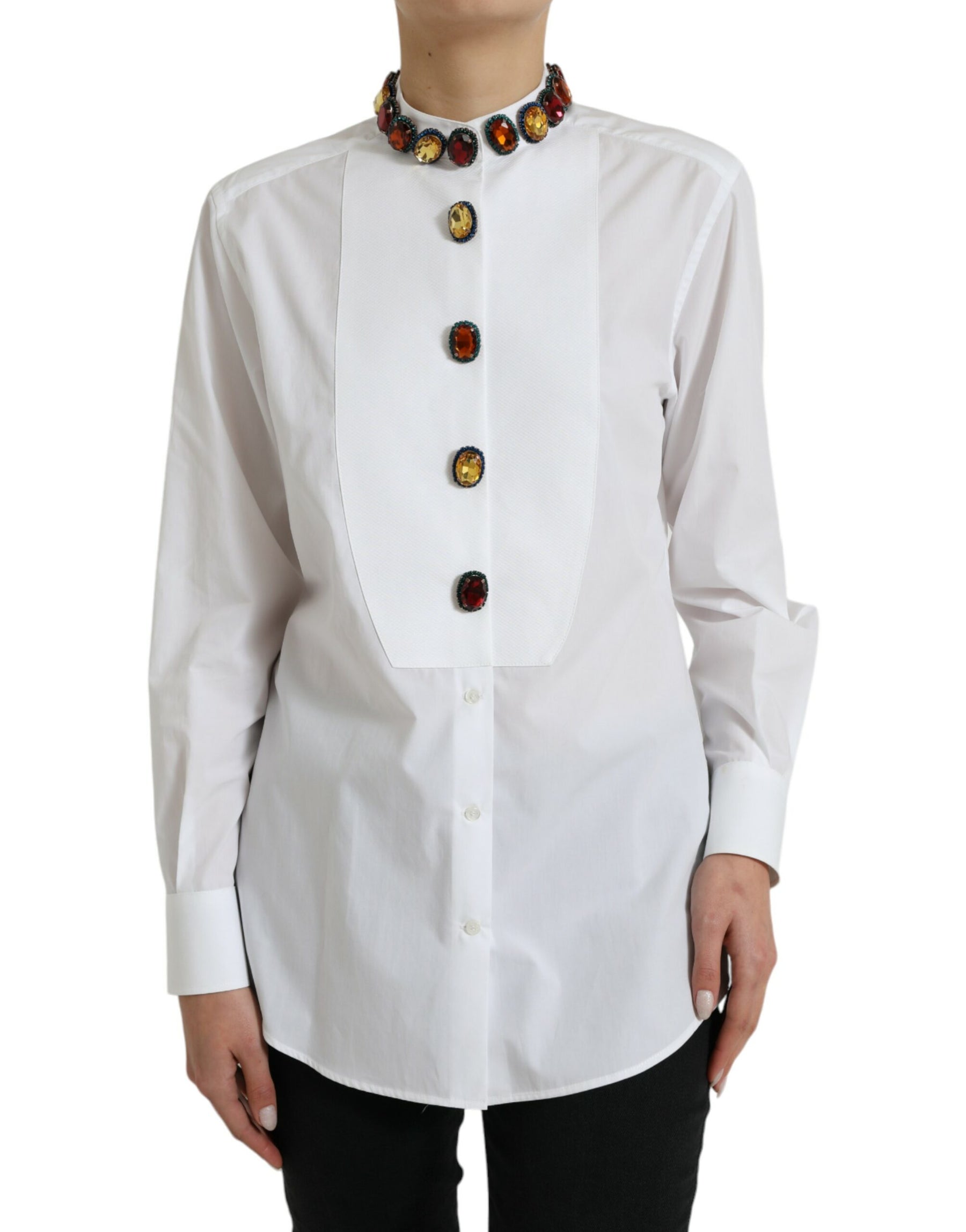 Dolce & Gabbana White Cotton Crystals Embellished Shirt Top | Regal Royce