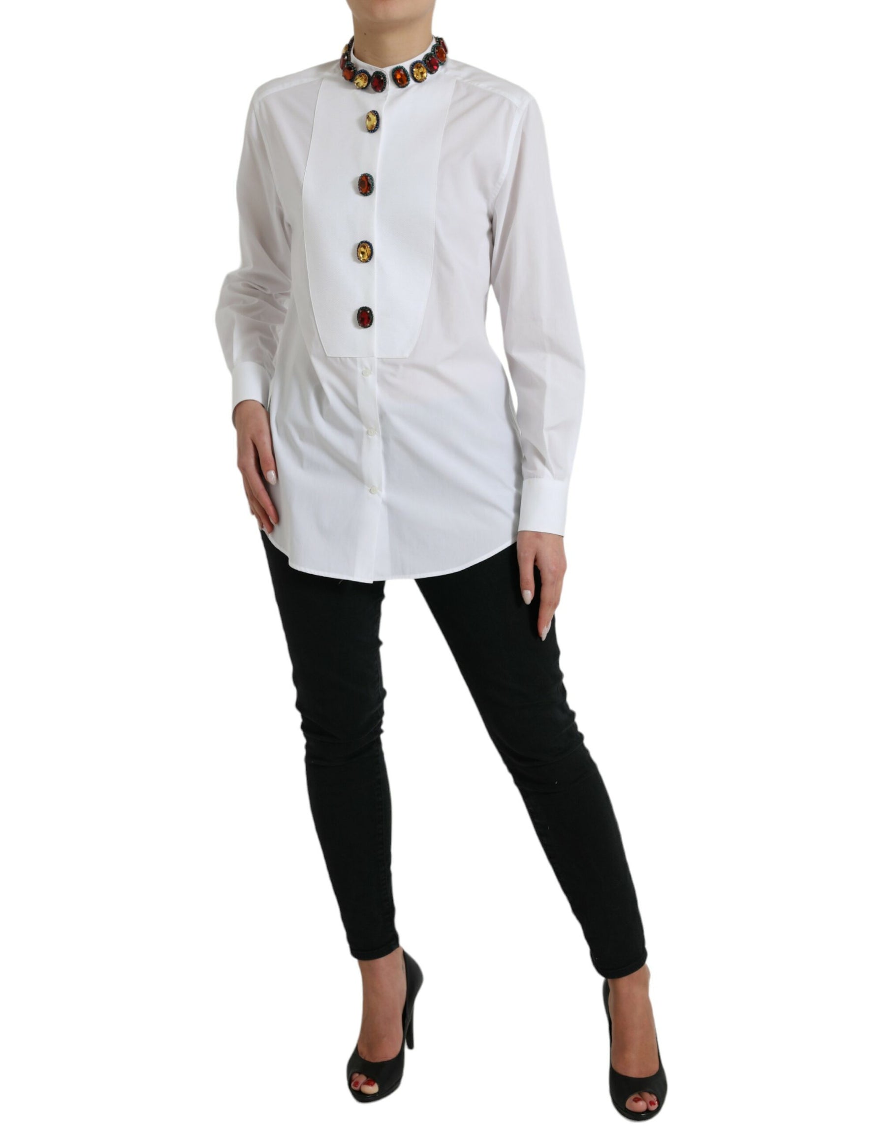 Dolce & Gabbana White Cotton Crystals Embellished Shirt Top | Regal Royce