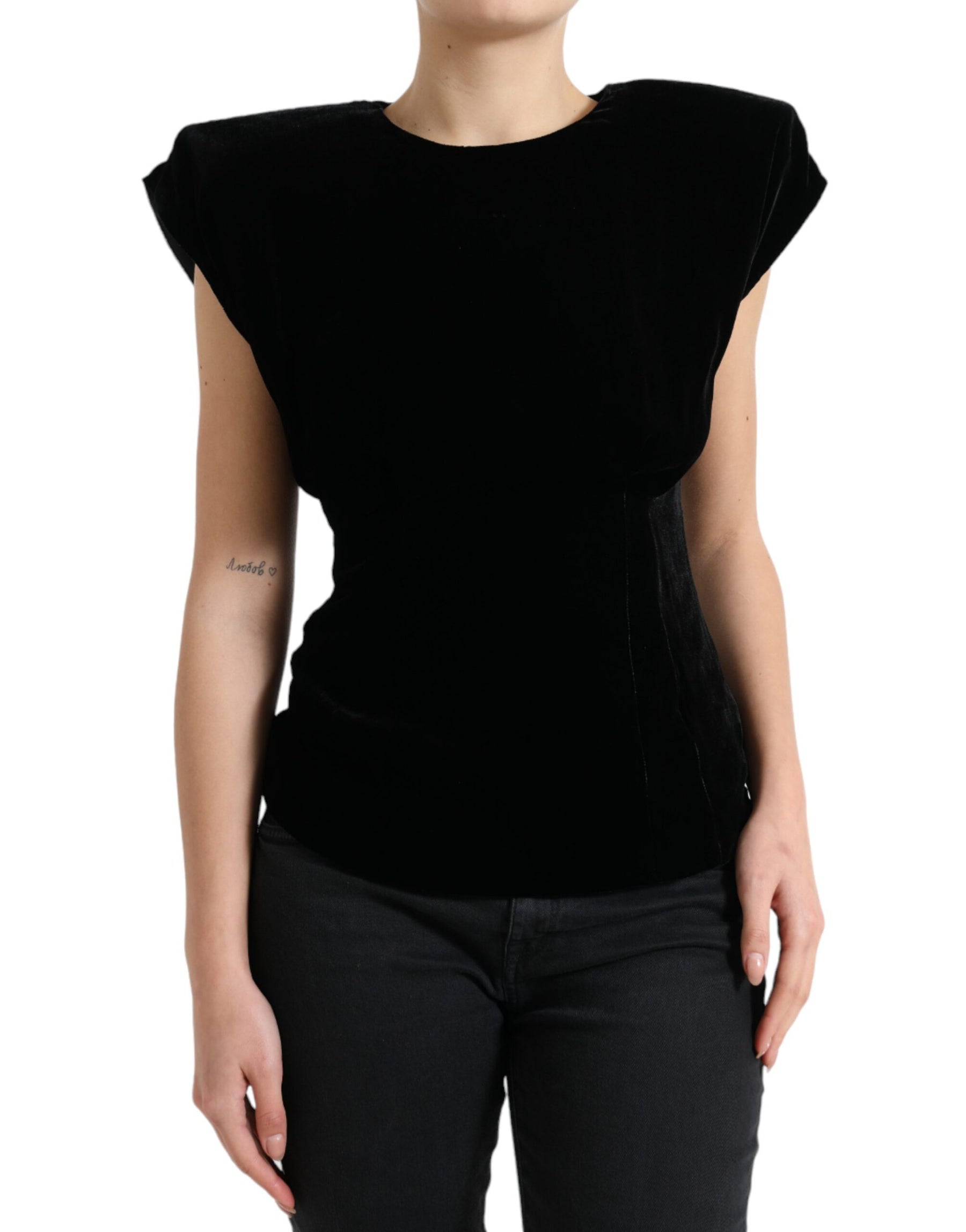 Dolce & Gabbana Black Velvet Fitted Padded Shoulder Blouse Top | Regal Royce