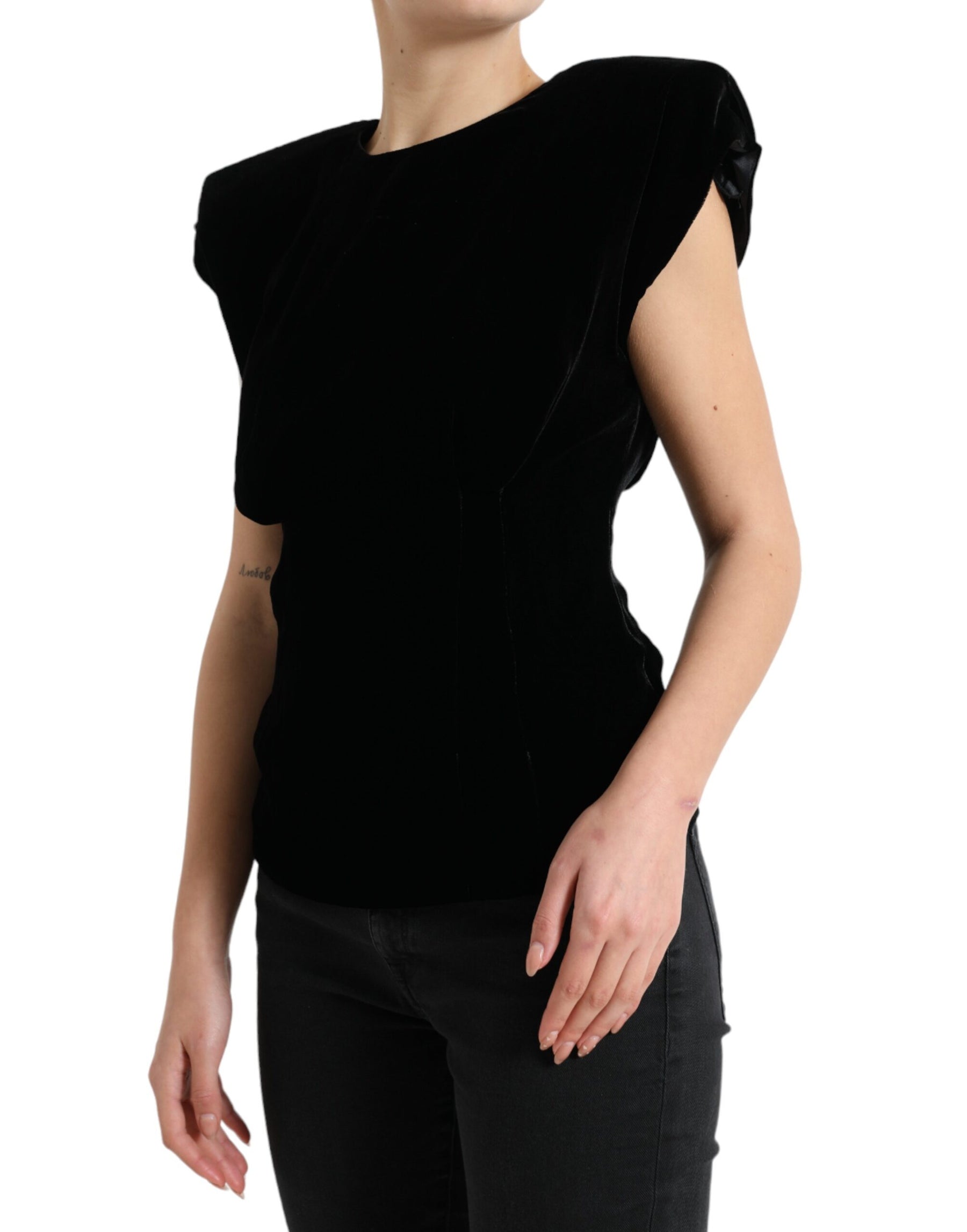 Dolce & Gabbana Black Velvet Fitted Padded Shoulder Blouse Top | Regal Royce