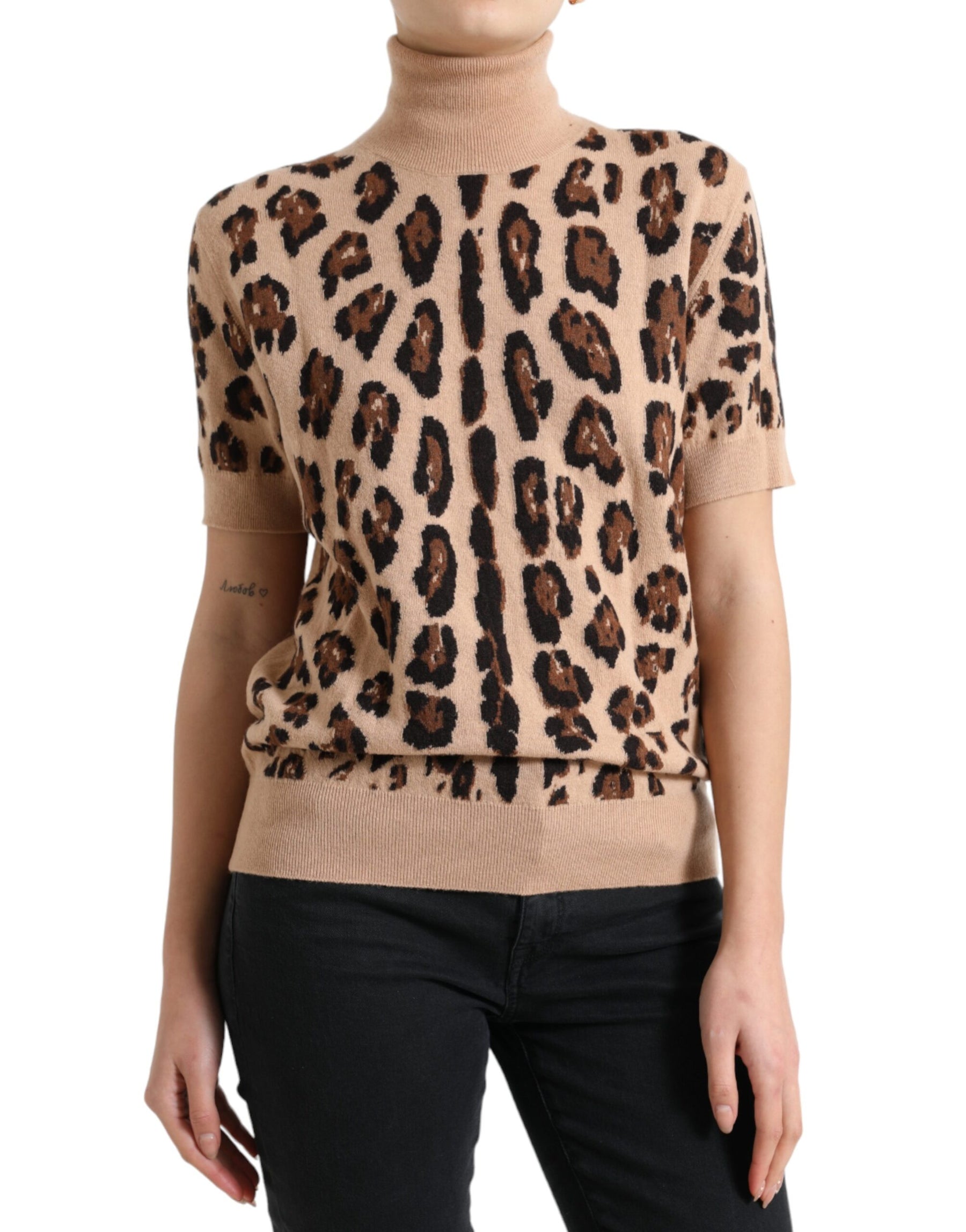 Dolce & Gabbana Beige Leopard Print Wool Turtleneck Top | Regal Royce