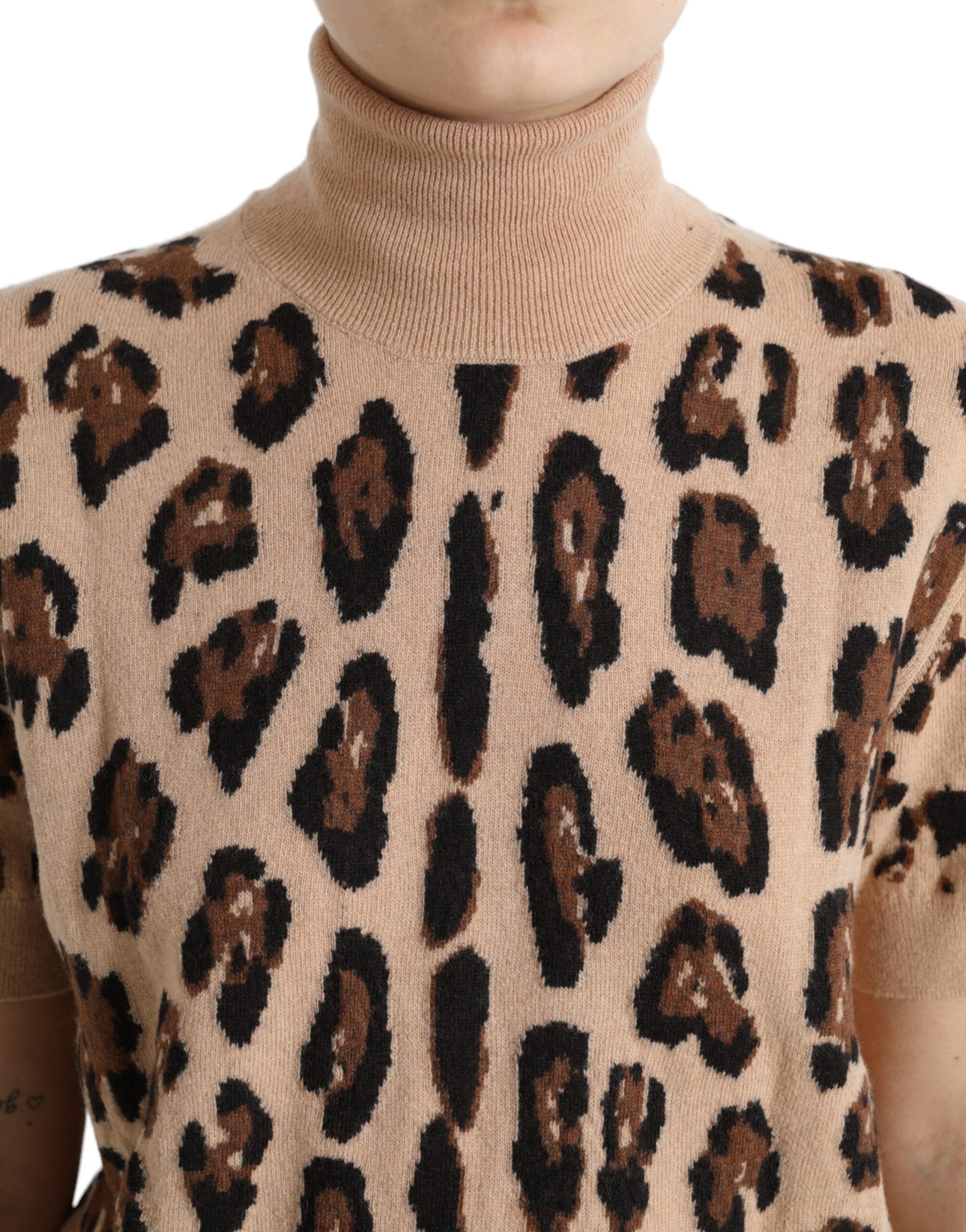 Dolce & Gabbana Beige Leopard Print Wool Turtleneck Top | Regal Royce
