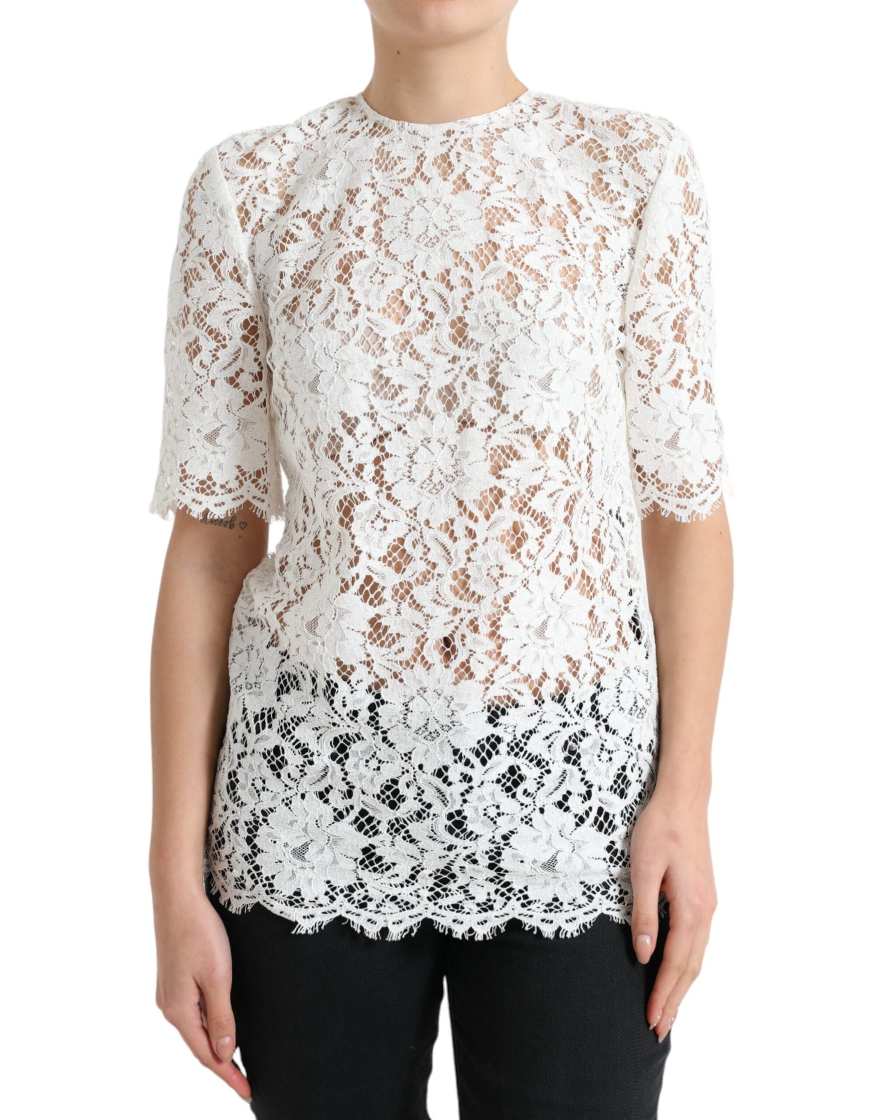 Dolce & Gabbana White Floral Lace Cotton Round Neck Blouse Top | Regal Royce