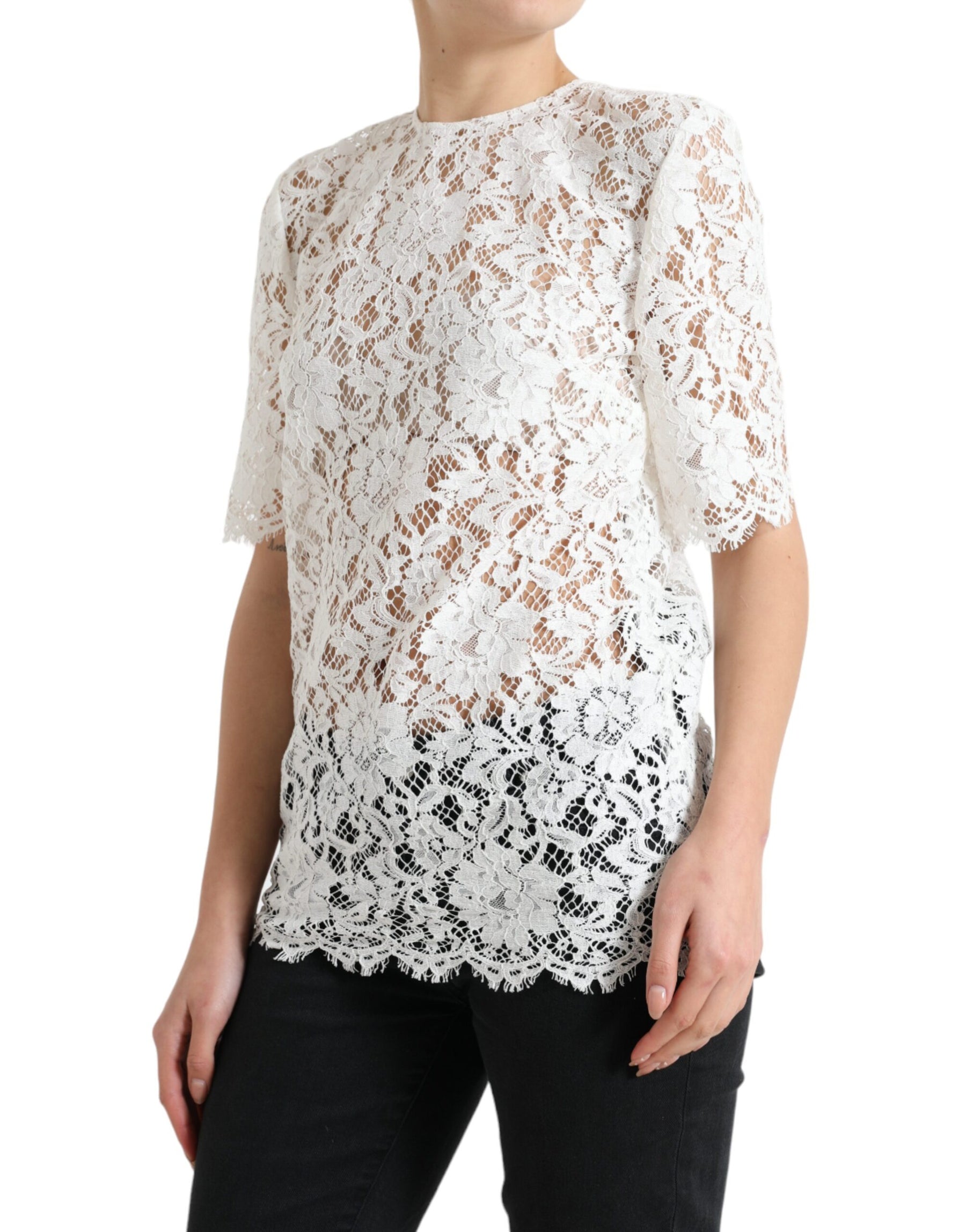 Dolce & Gabbana White Floral Lace Cotton Round Neck Blouse Top | Regal Royce