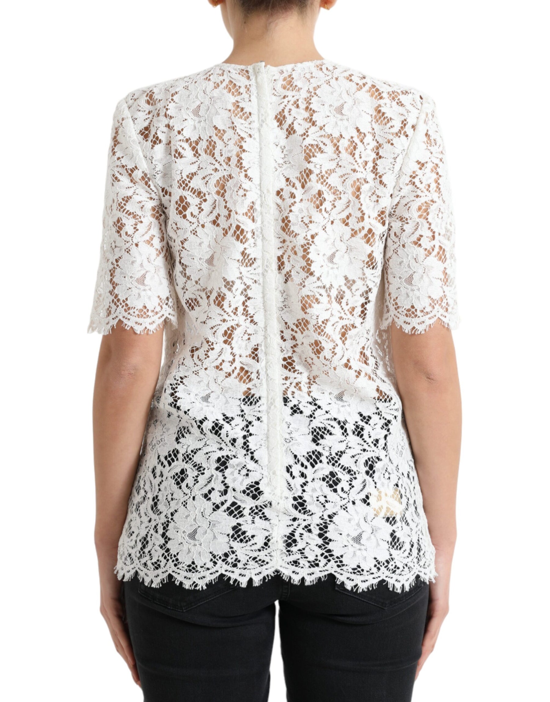 Dolce & Gabbana White Floral Lace Cotton Round Neck Blouse Top | Regal Royce