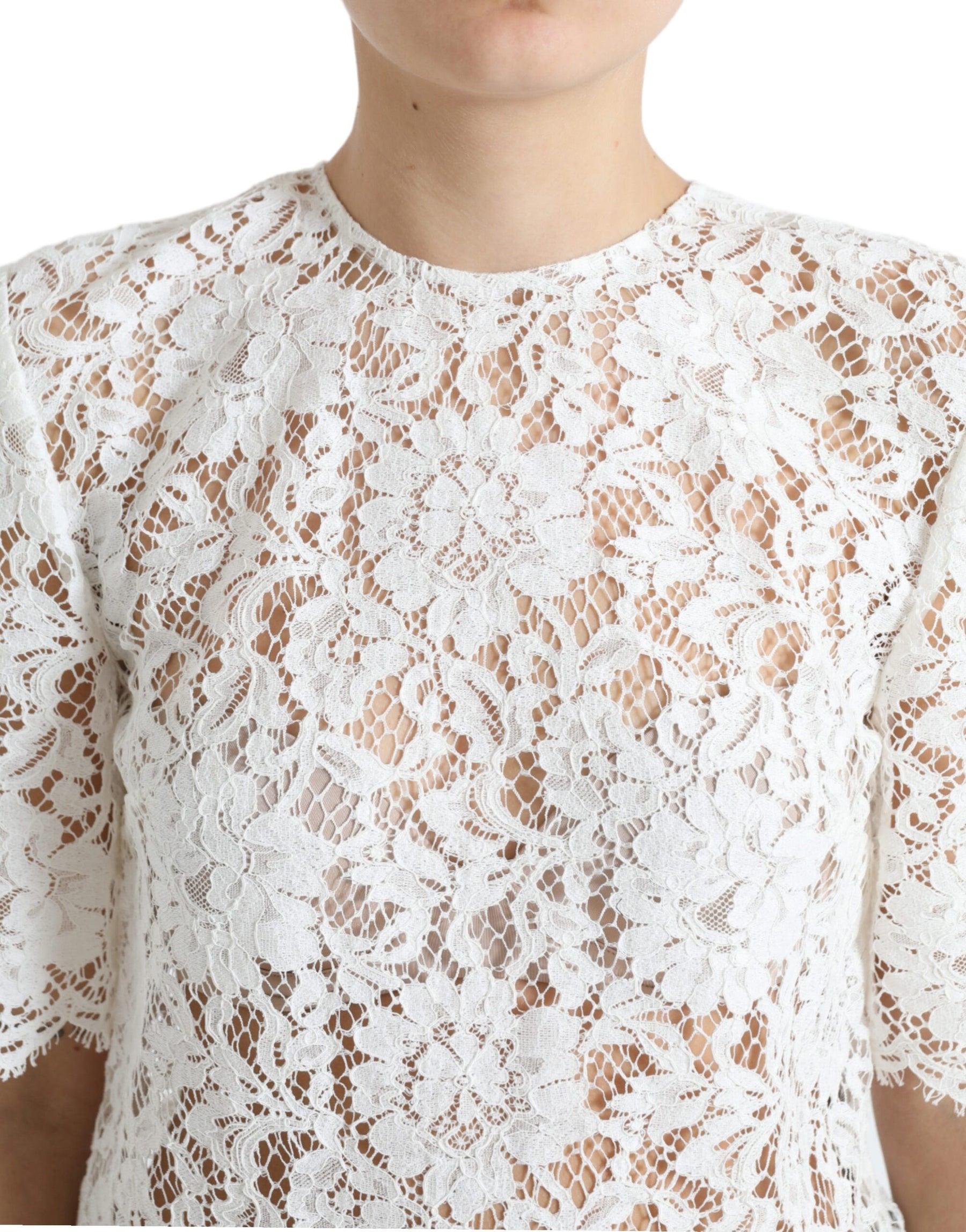 Dolce & Gabbana White Floral Lace Cotton Round Neck Blouse Top | Regal Royce