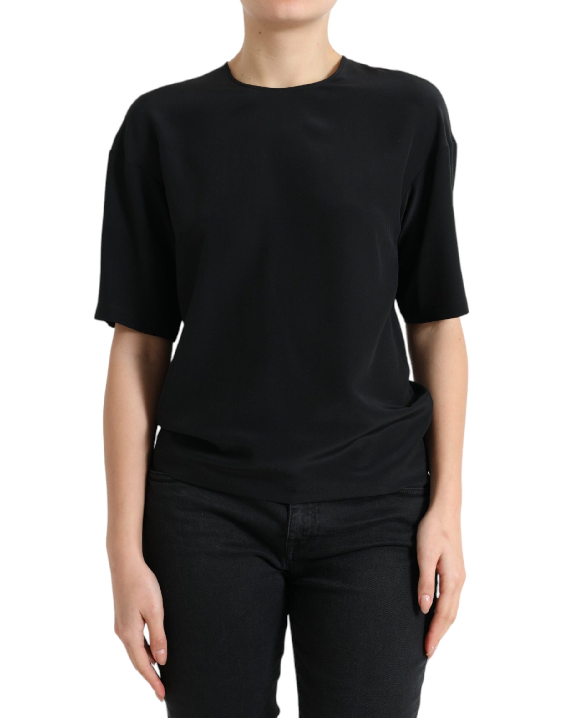 Dolce & Gabbana Black Silk Round Neck Short Sleeve Blouse Top | Regal Royce