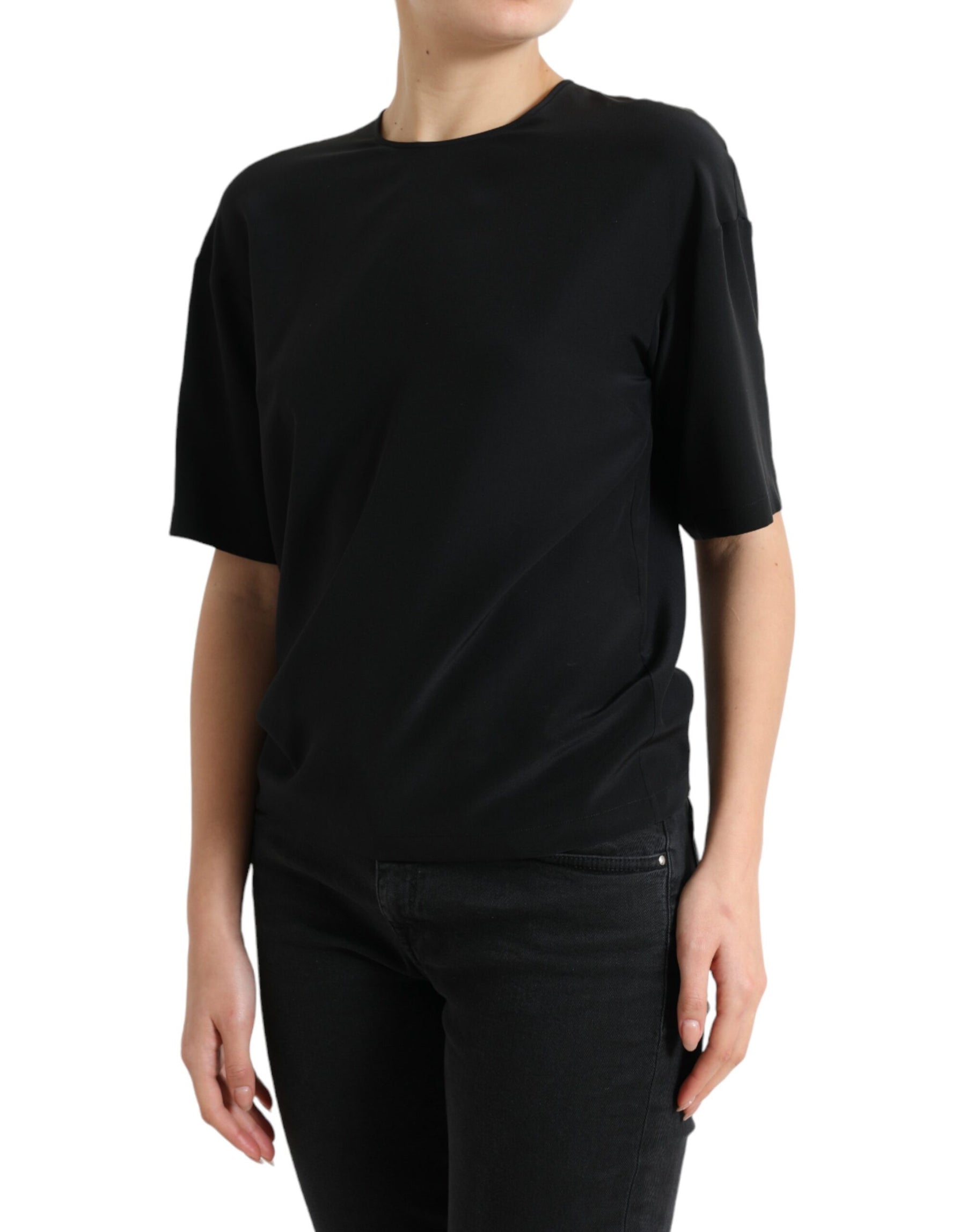 Dolce & Gabbana Black Silk Round Neck Short Sleeve Blouse Top | Regal Royce