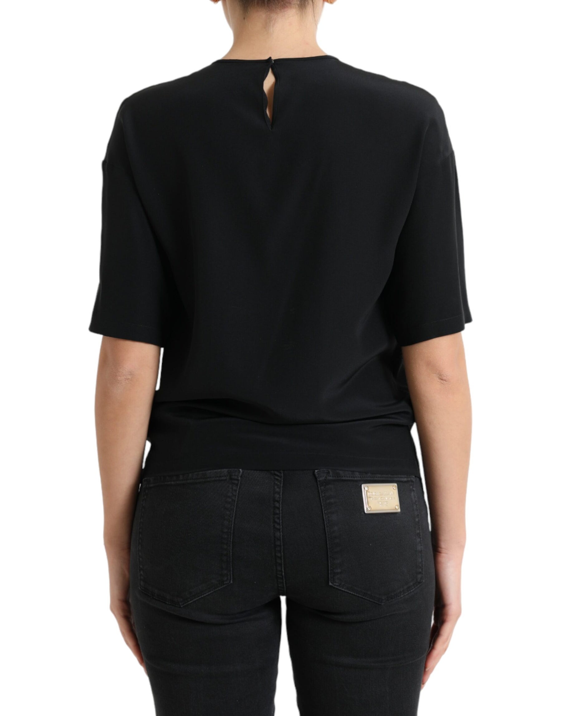 Dolce & Gabbana Black Silk Round Neck Short Sleeve Blouse Top | Regal Royce
