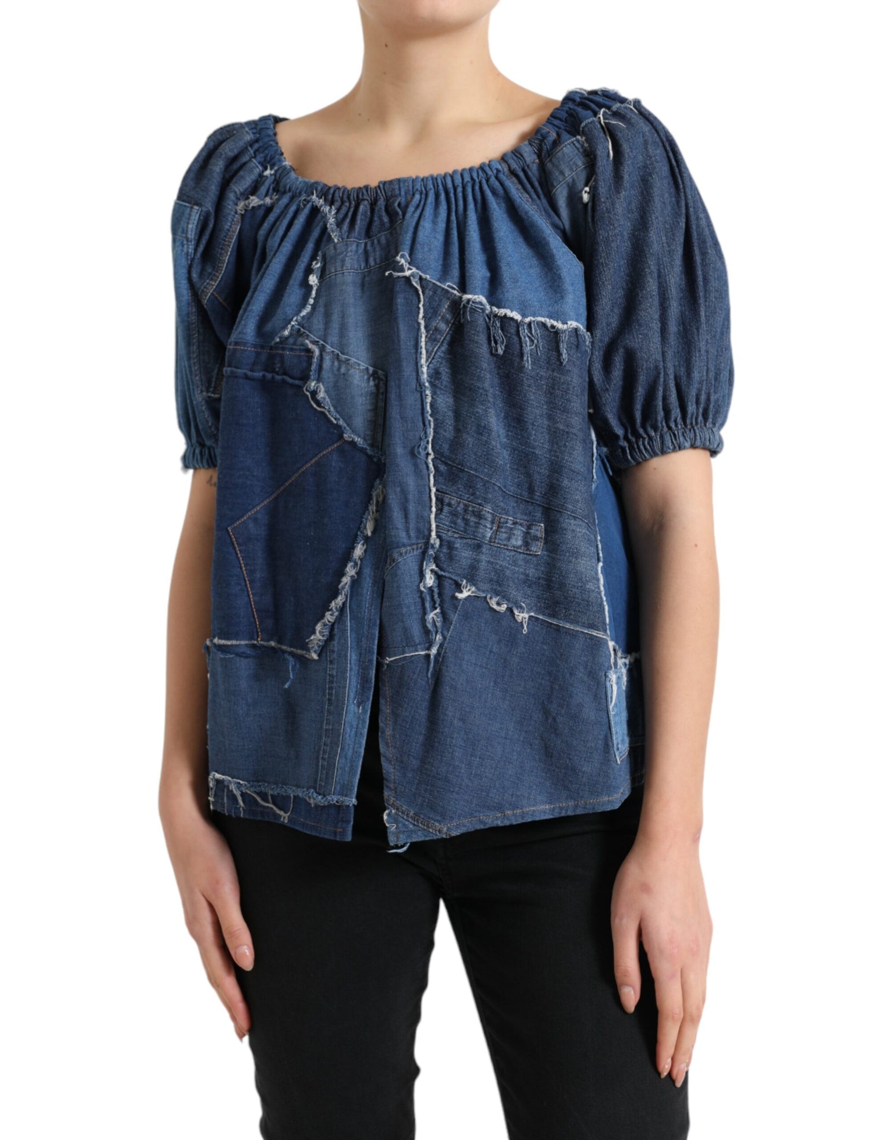 Dolce & Gabbana Blue Patchwork Short Sleeves Denim Blouse Top | Regal Royce