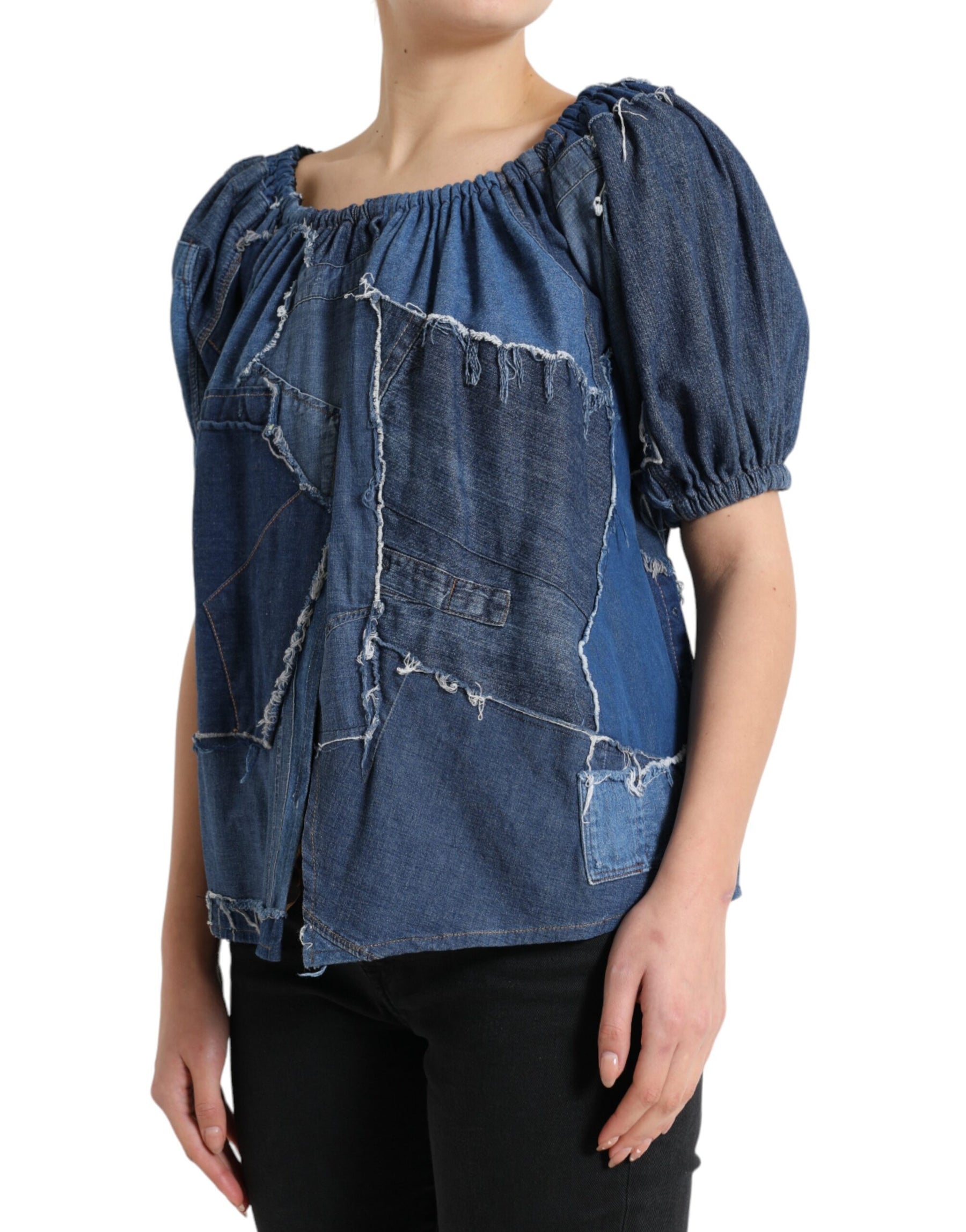 Dolce & Gabbana Blue Patchwork Short Sleeves Denim Blouse Top | Regal Royce