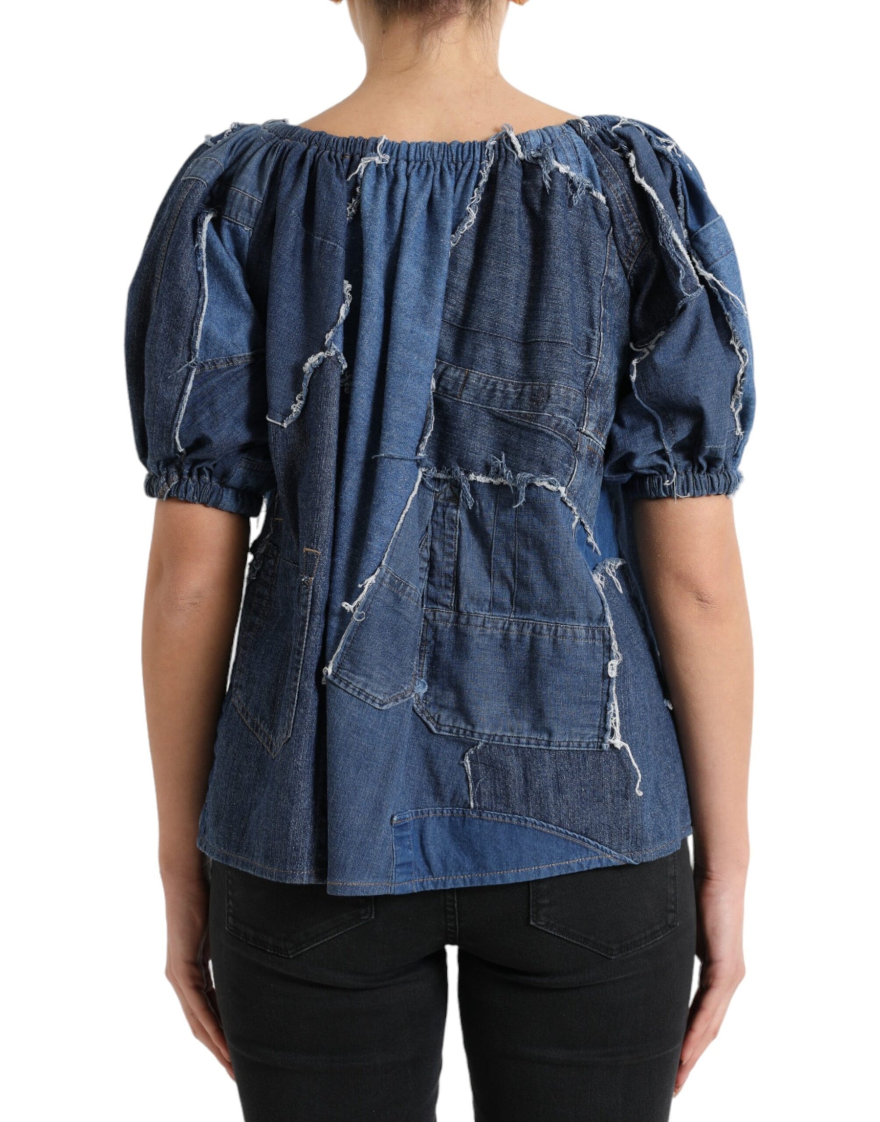 Dolce & Gabbana Blue Patchwork Short Sleeves Denim Blouse Top | Regal Royce