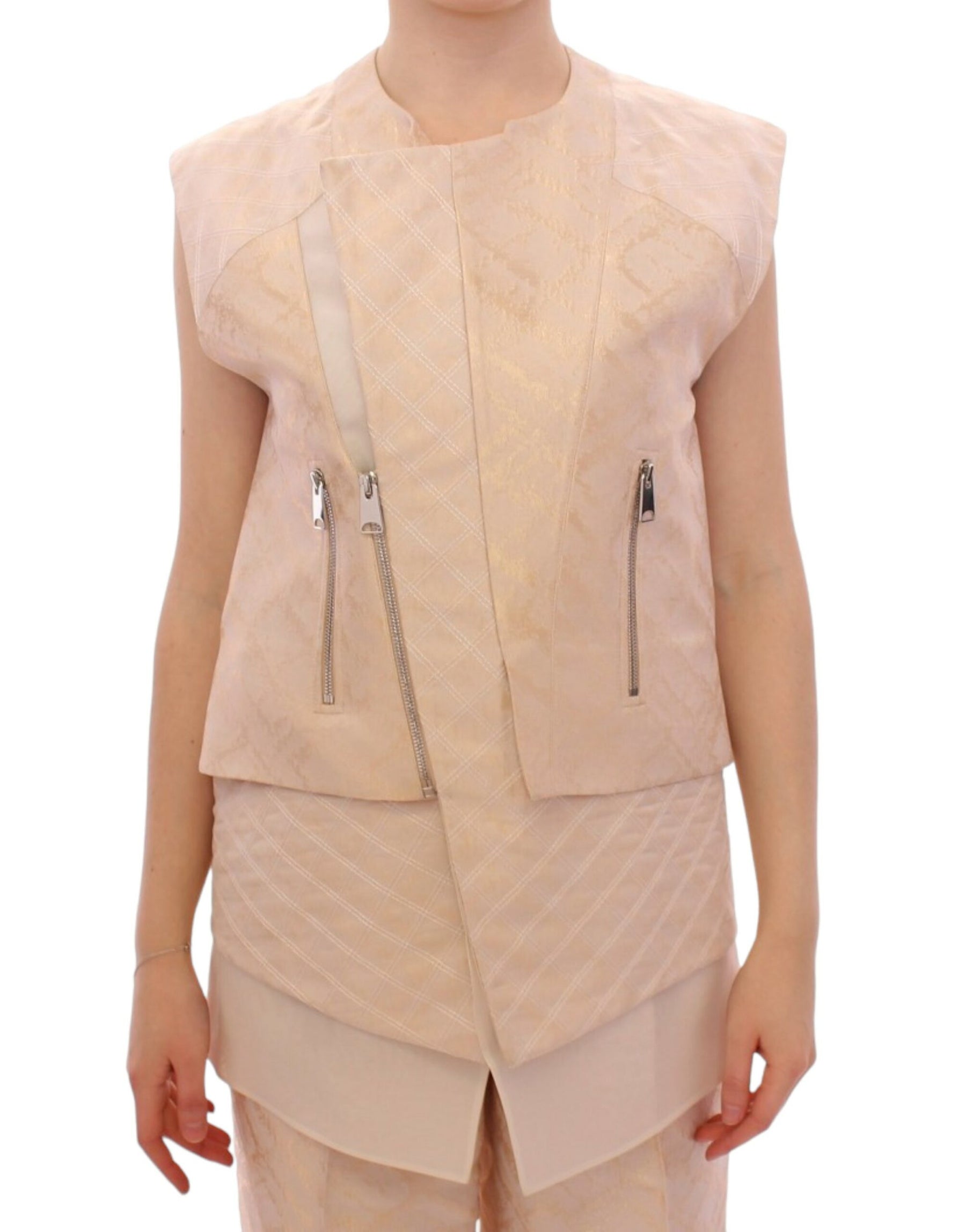 Zeyneptosun Beige brocade sleeveless jacket | Regal Royce
