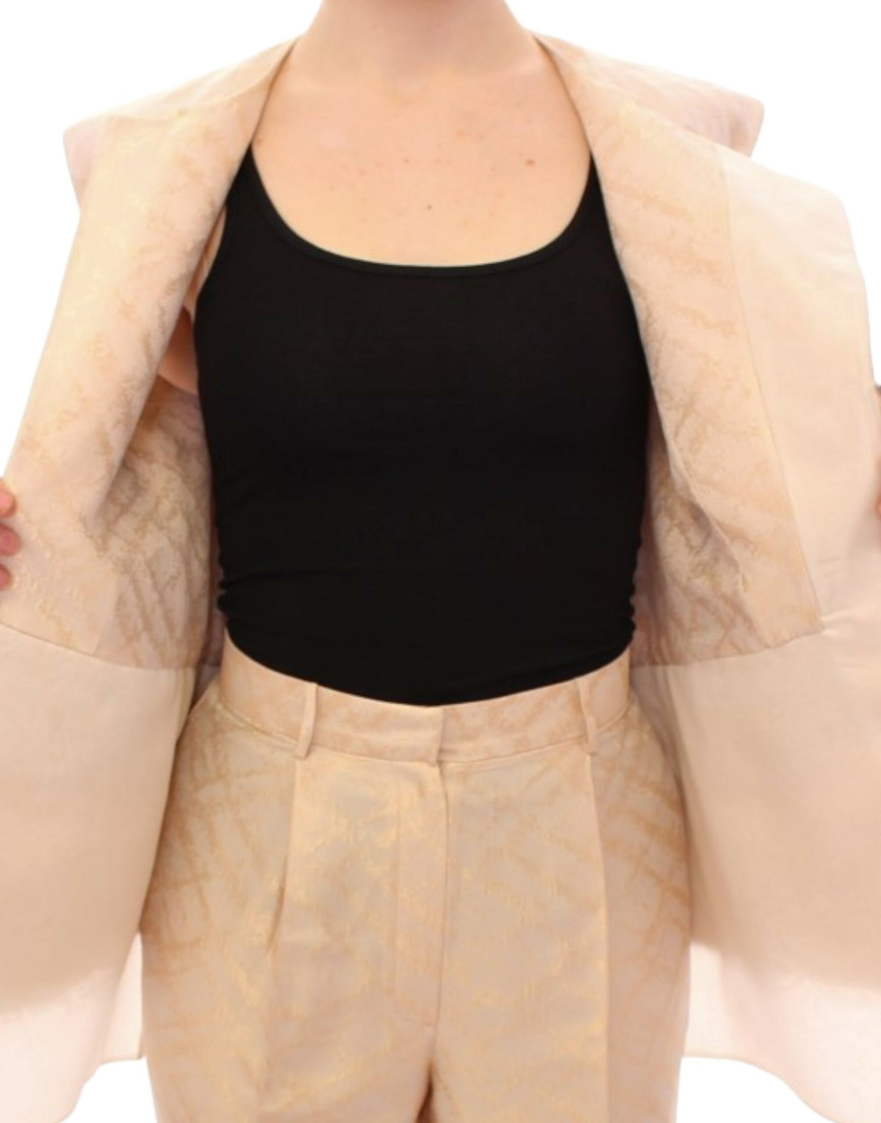 Zeyneptosun Beige brocade sleeveless jacket | Regal Royce