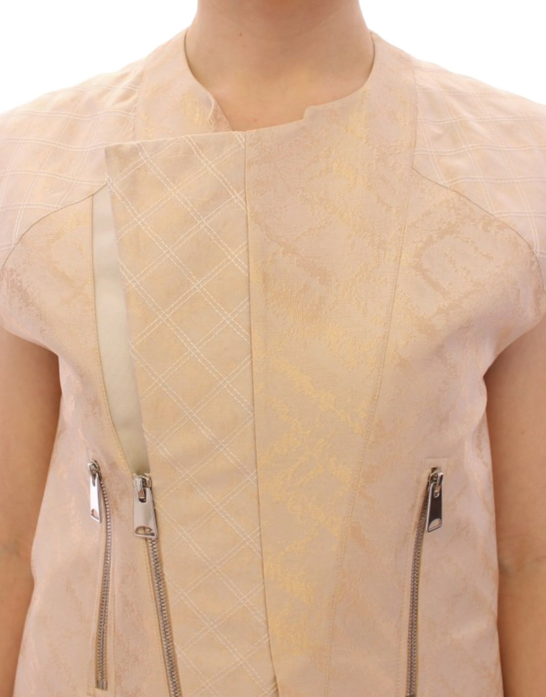 Zeyneptosun Beige brocade sleeveless jacket | Regal Royce