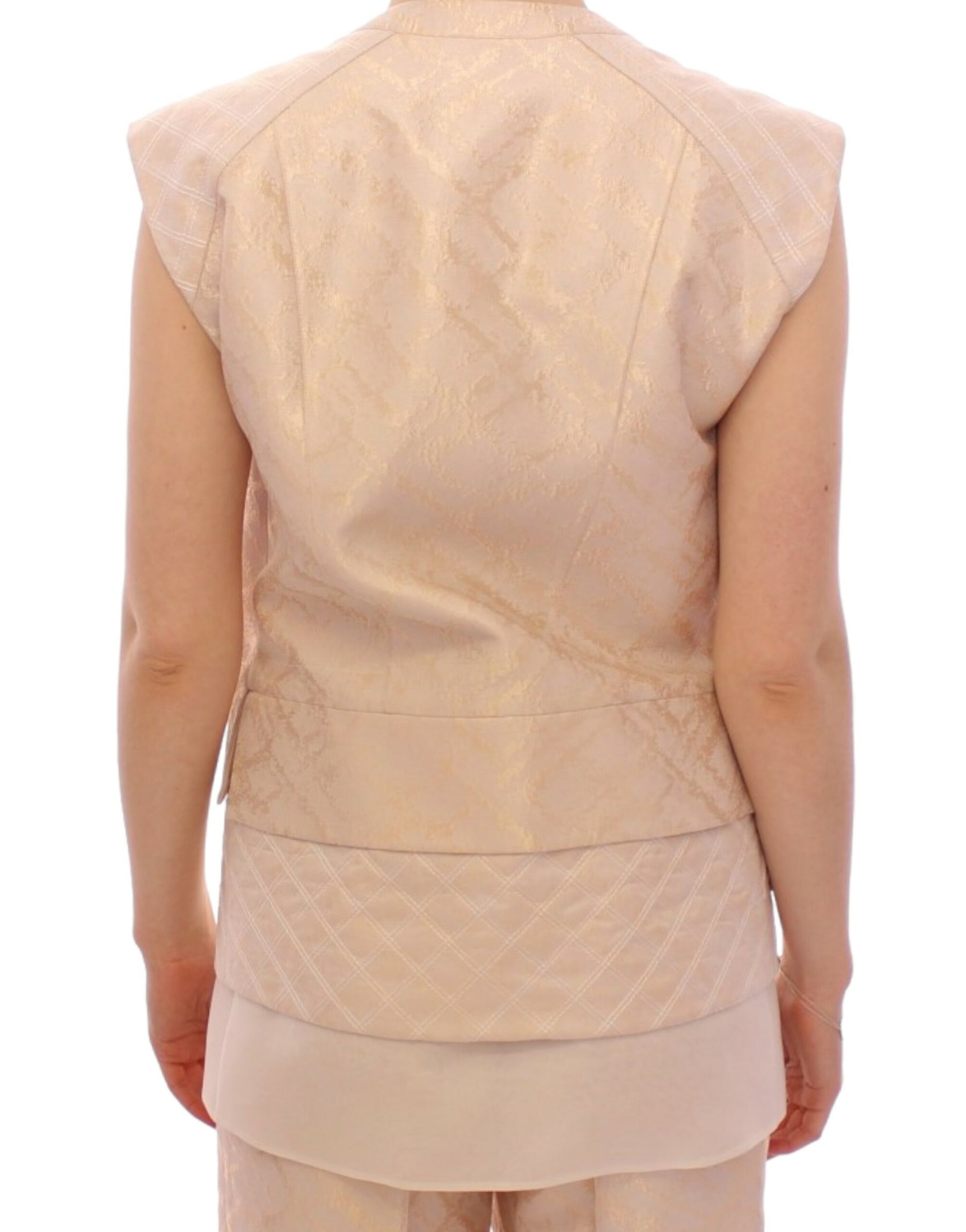 Zeyneptosun Beige brocade sleeveless jacket | Regal Royce