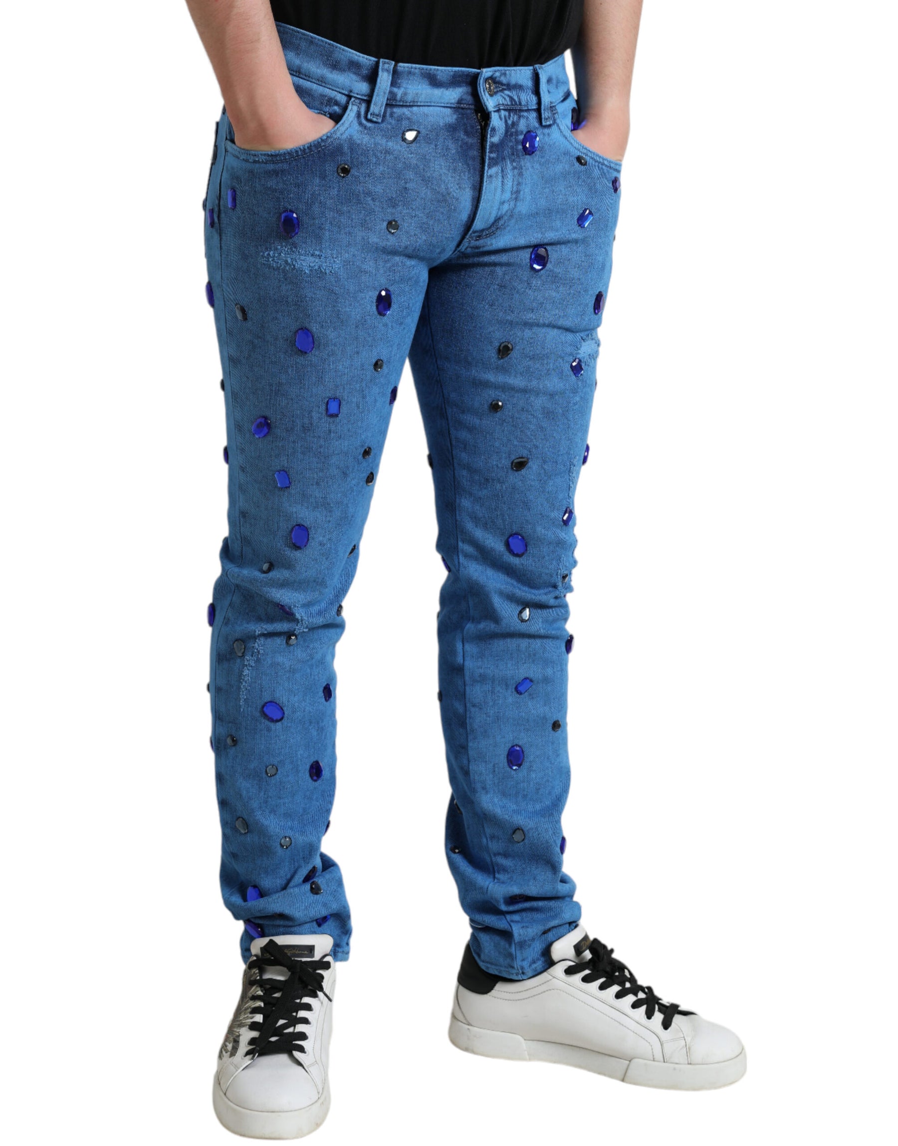 Dolce & Gabbana Blue Crystal Embellished Skinny Denim Jeans | Regal Royce