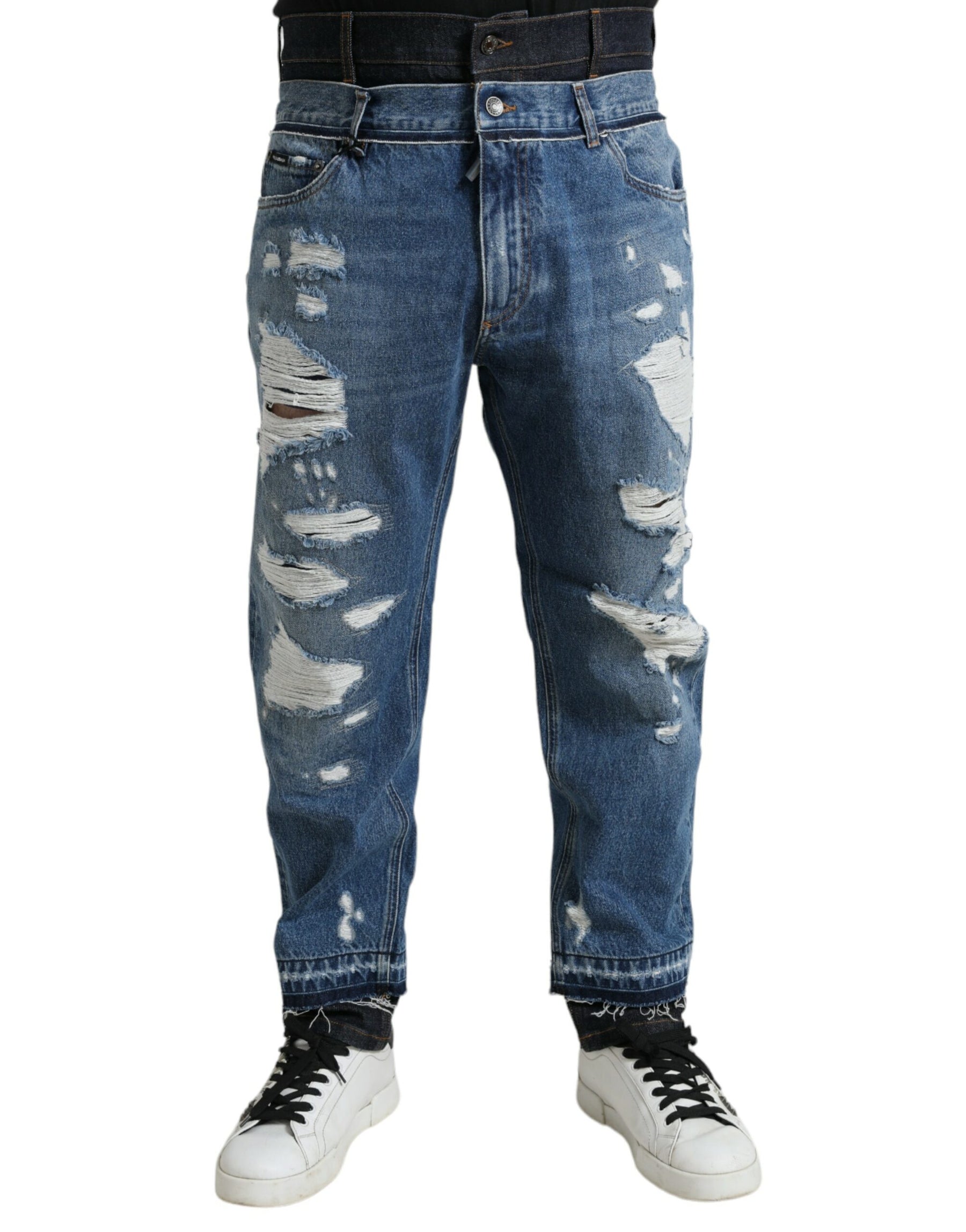 Dolce & Gabbana Blue Tattered Cotton Men Denim Jeans | Regal Royce