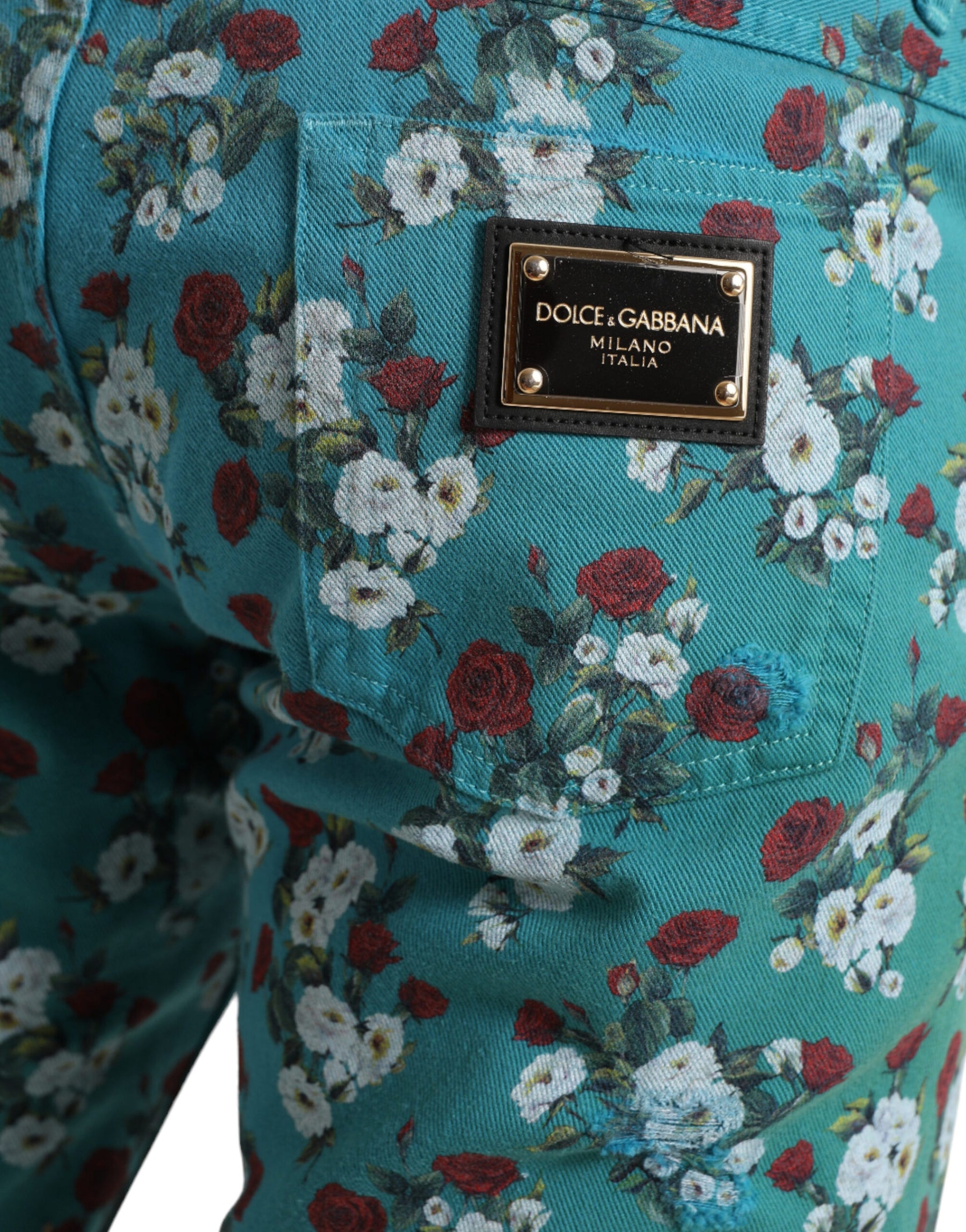 Dolce & Gabbana Blue Floral Print Skinny Cotton Denim Pants | Regal Royce