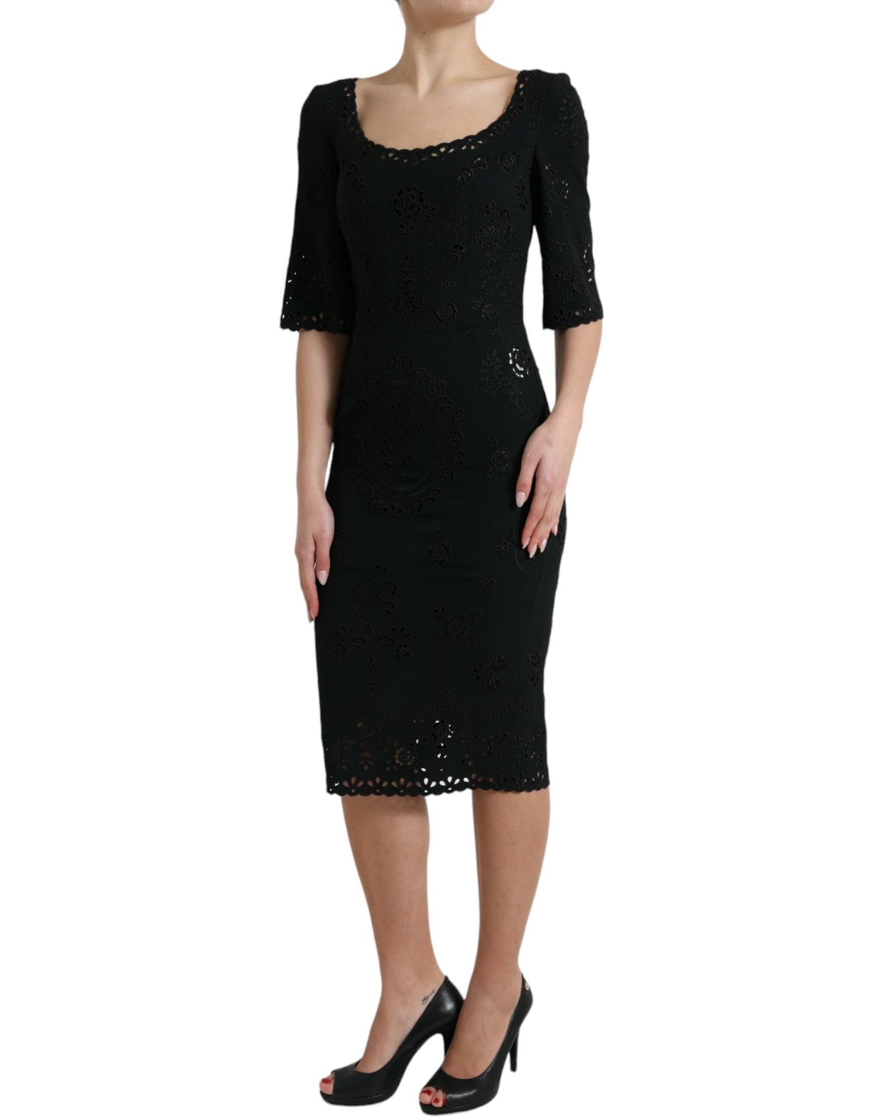 Dolce & Gabbana Black Floral Lace Viscose Bodycon Midi Dress | Regal Royce