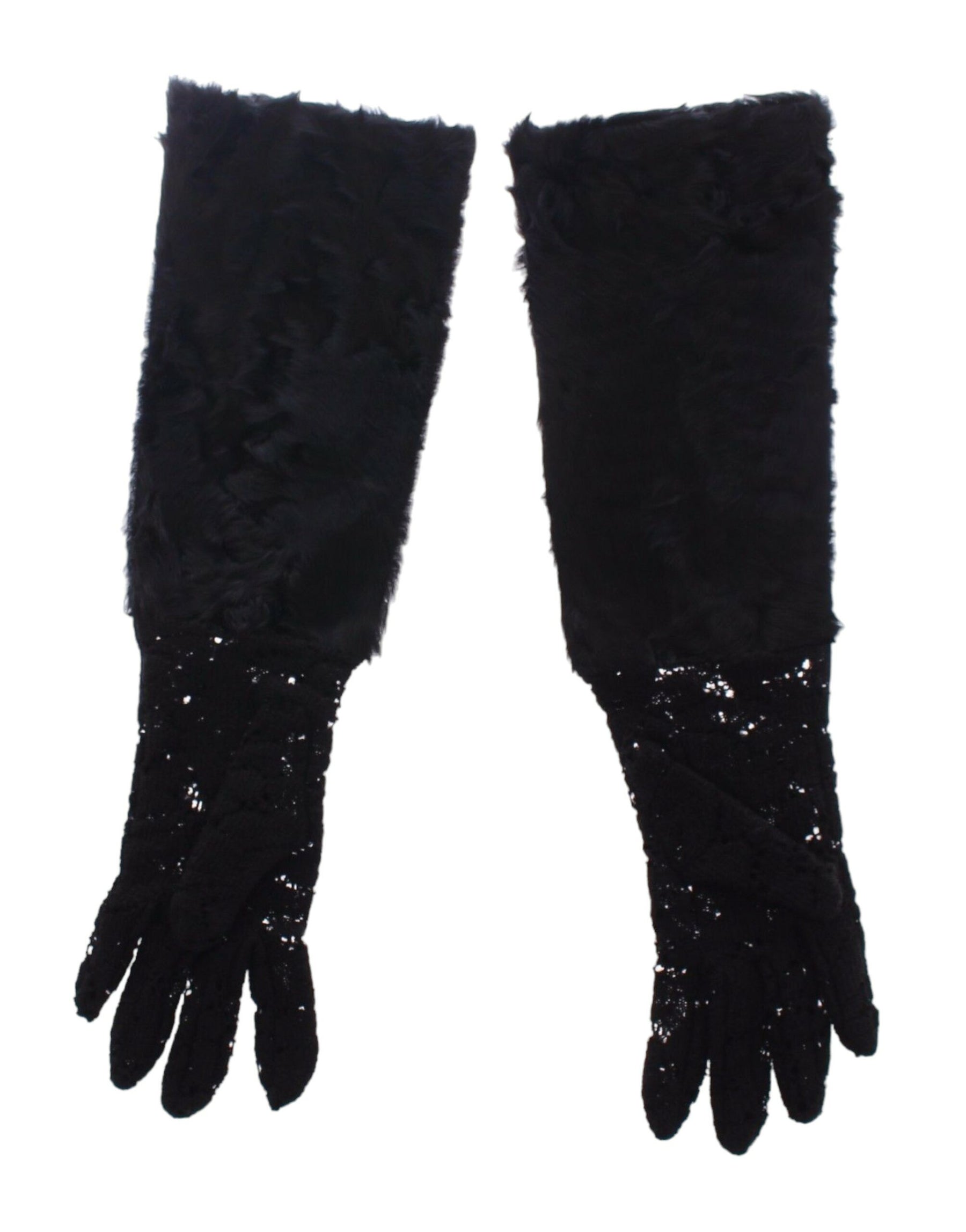Dolce & Gabbana Black Lace Wool Lambskin Fur Elbow Gloves | Regal Royce