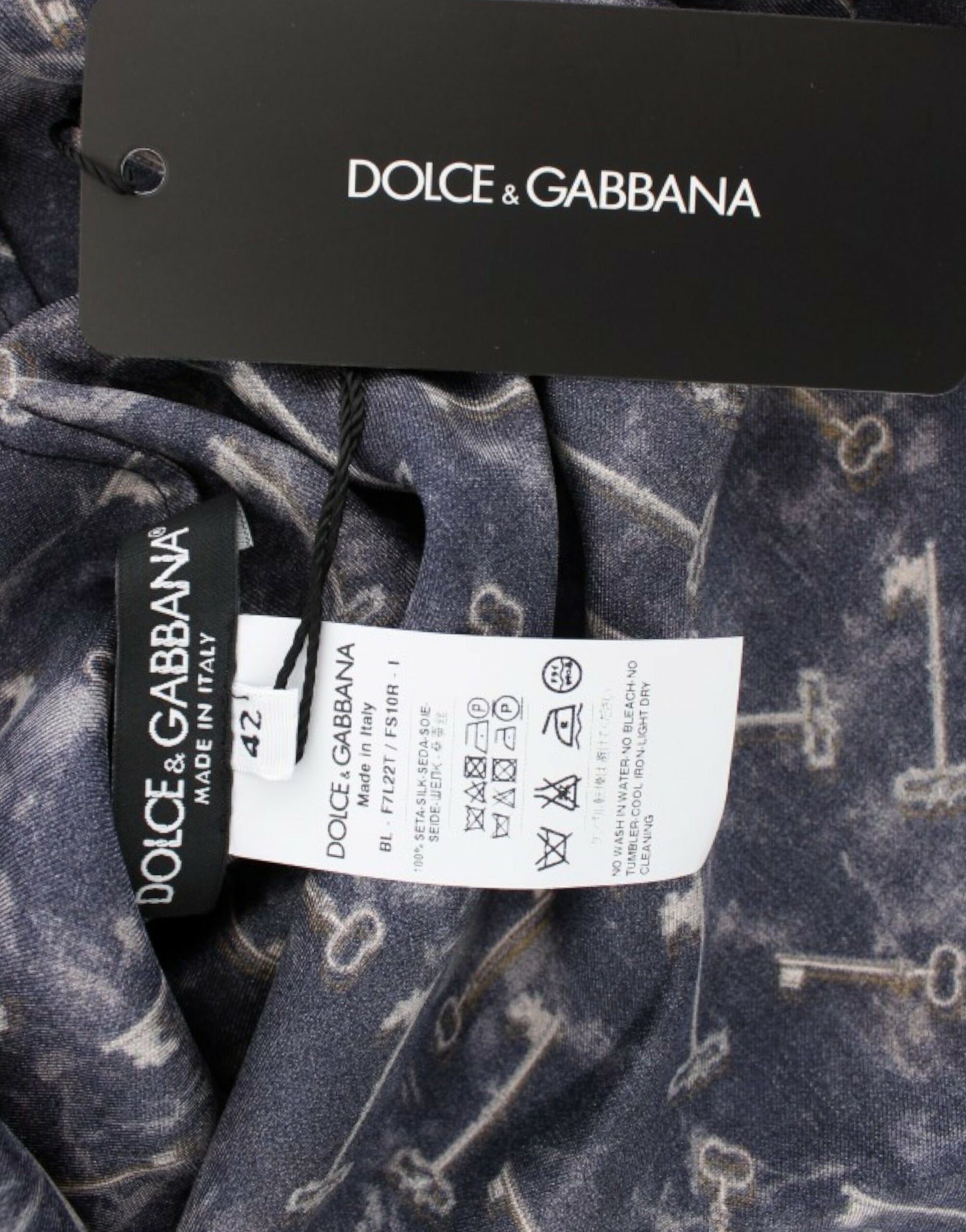 Dolce & Gabbana Blue gold key print silk blouse | Regal Royce