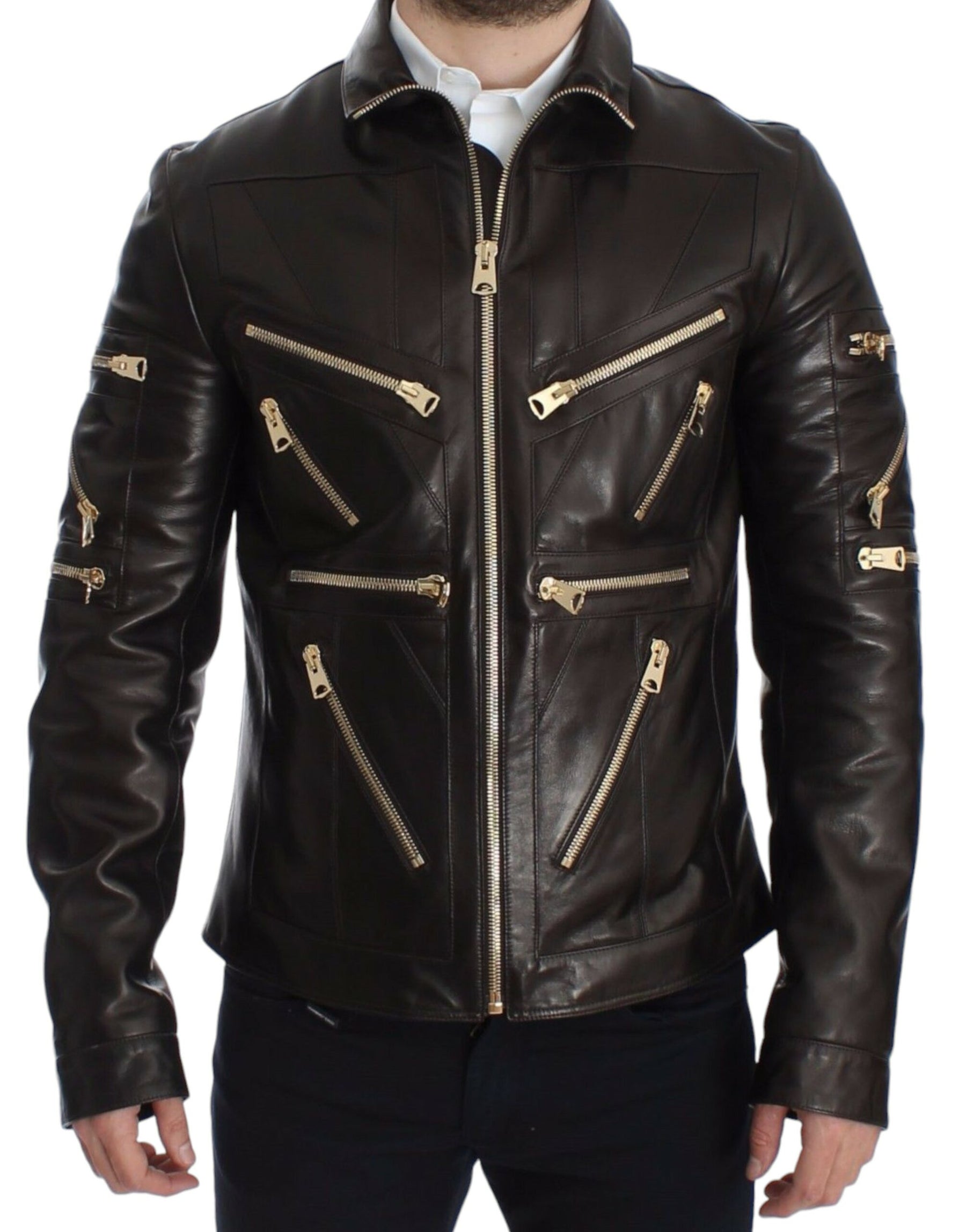 Dolce & Gabbana Brown Lambskin Leather Zipper Jacket | Regal Royce
