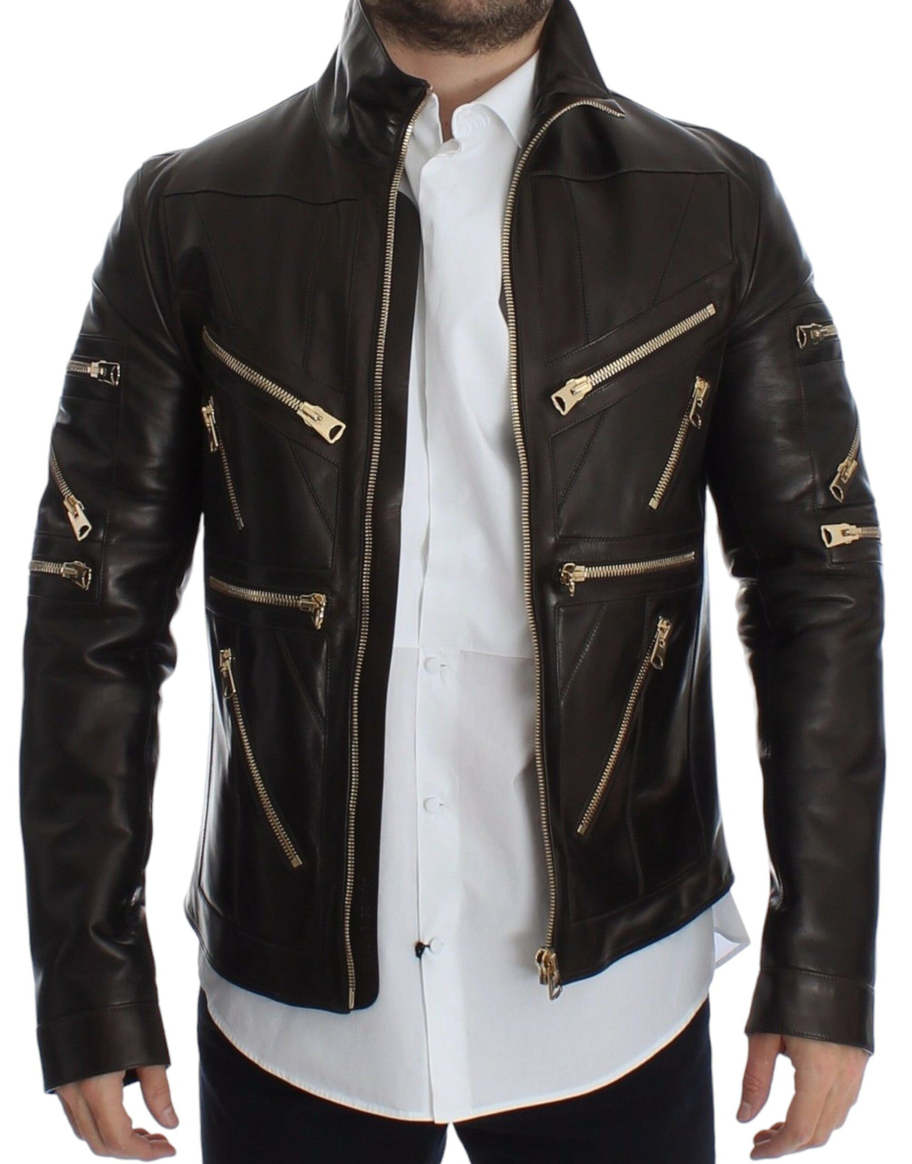 Dolce & Gabbana Brown Lambskin Leather Zipper Jacket | Regal Royce