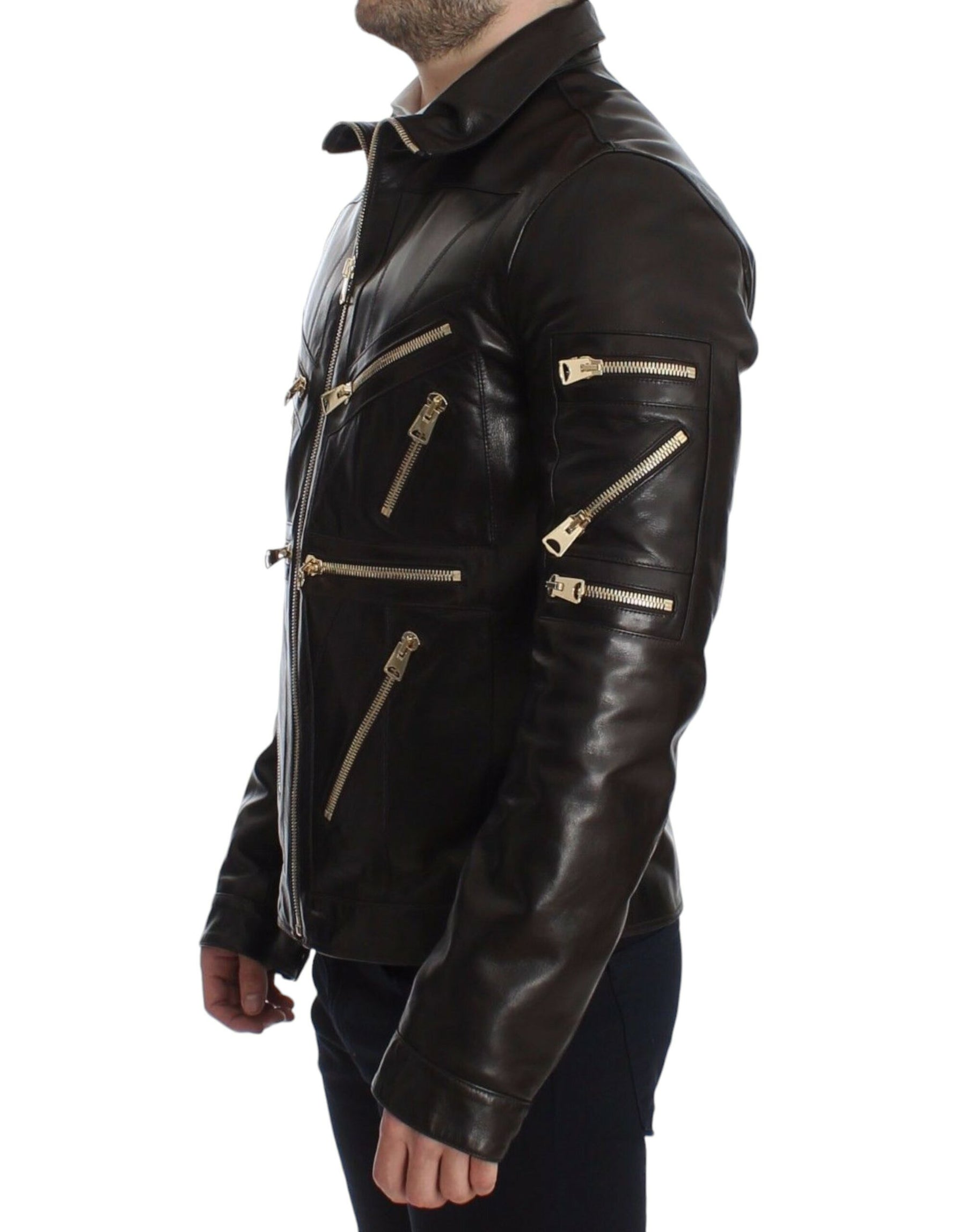 Dolce & Gabbana Brown Lambskin Leather Zipper Jacket | Regal Royce