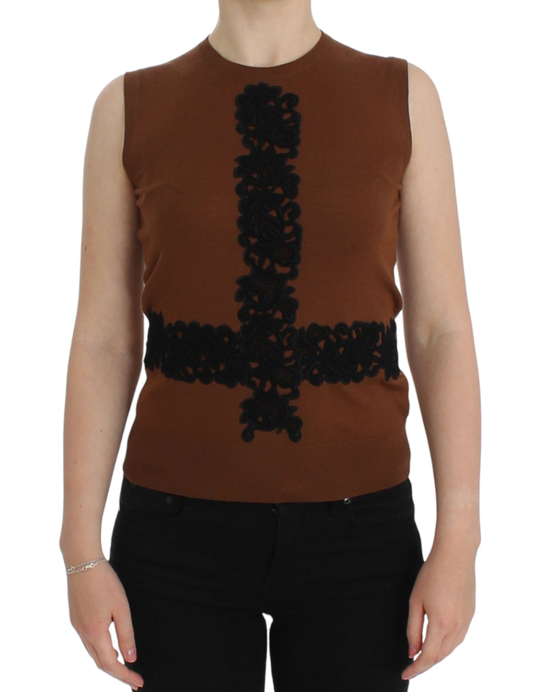 Dolce & Gabbana Brown Wool Black Lace Vest Sweater Top | Regal Royce