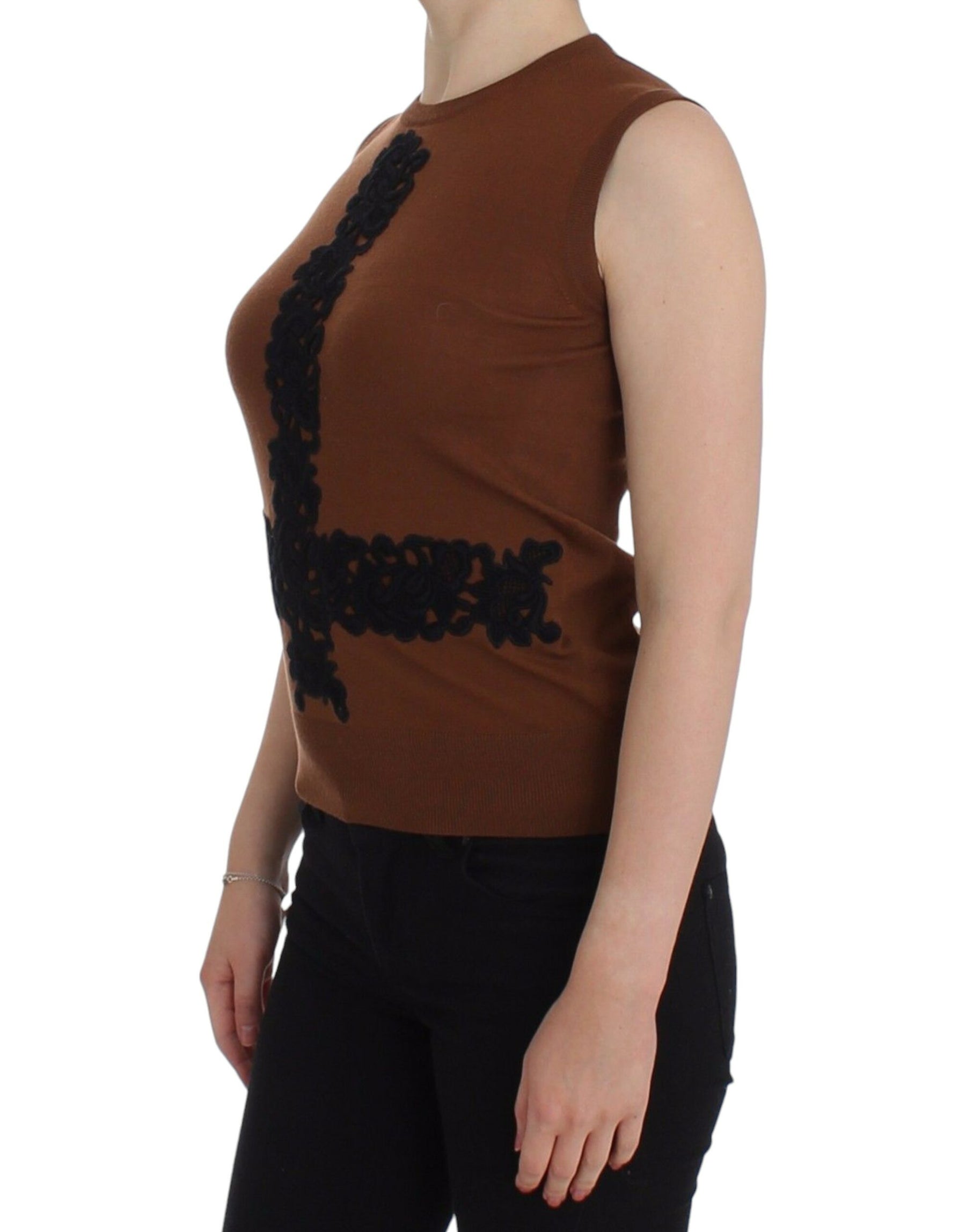 Dolce & Gabbana Brown Wool Black Lace Vest Sweater Top | Regal Royce