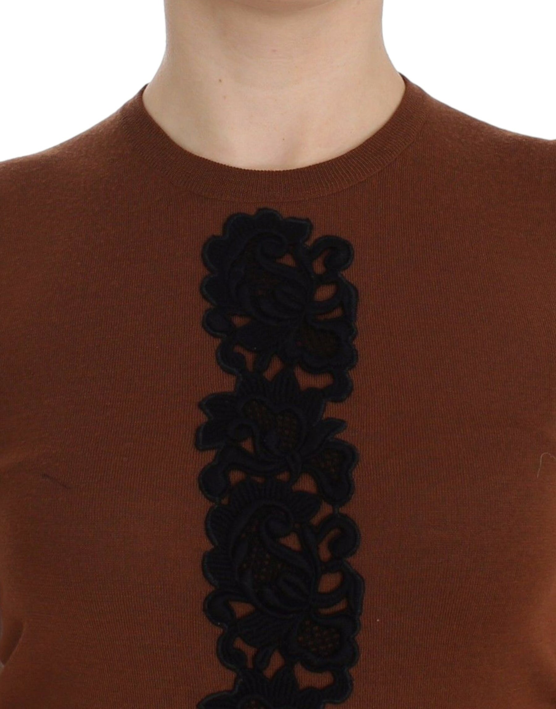 Dolce & Gabbana Brown Wool Black Lace Vest Sweater Top | Regal Royce