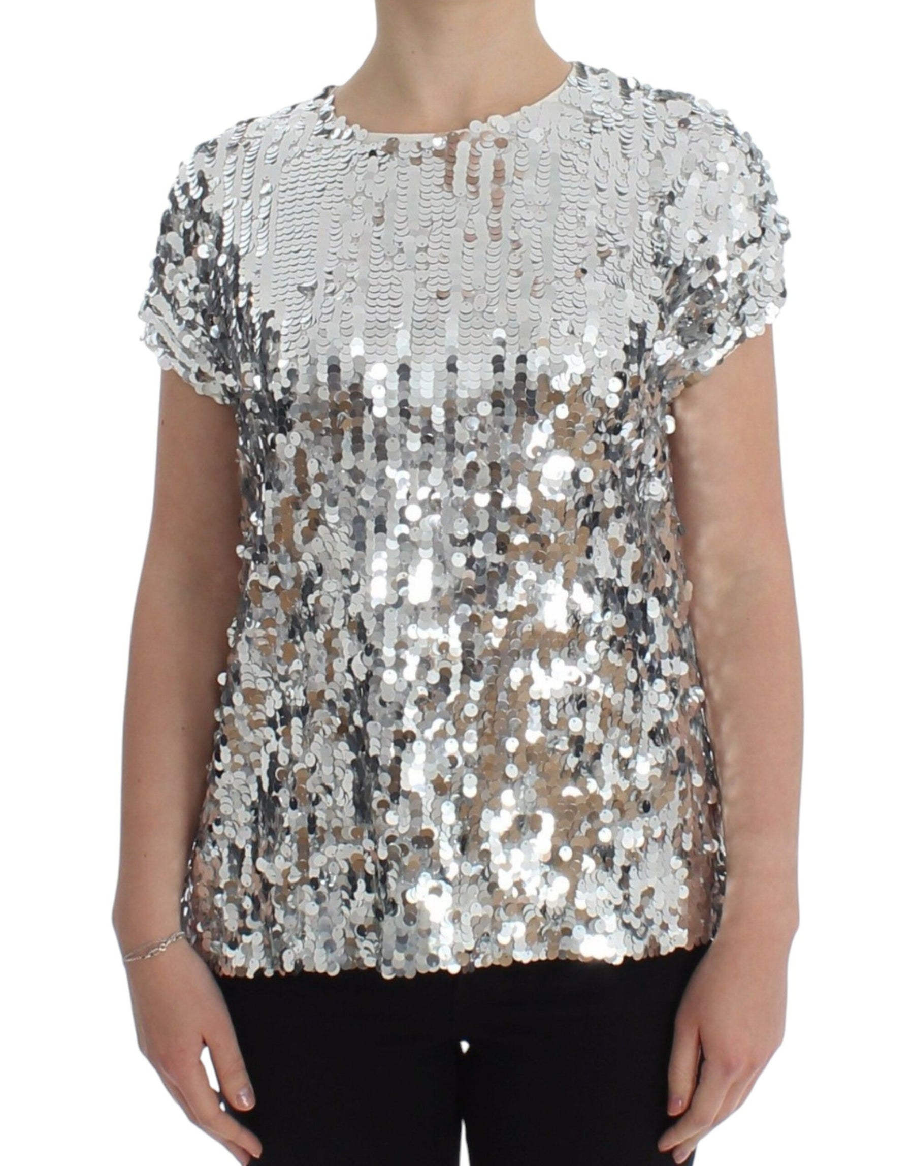 Dolce & Gabbana Silver Sequined Crewneck Blouse T-shirt Top | Regal Royce