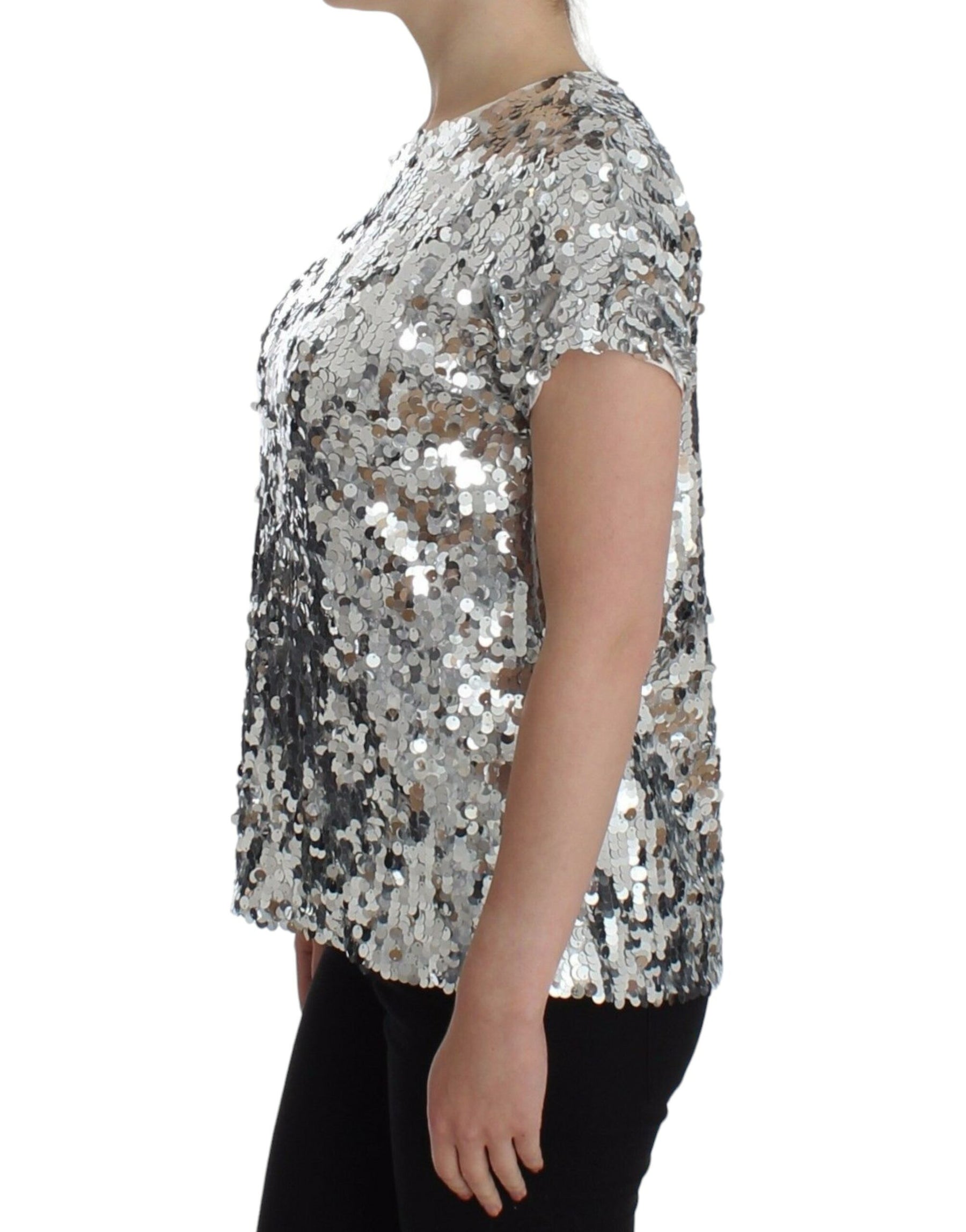 Dolce & Gabbana Silver Sequined Crewneck Blouse T-shirt Top | Regal Royce
