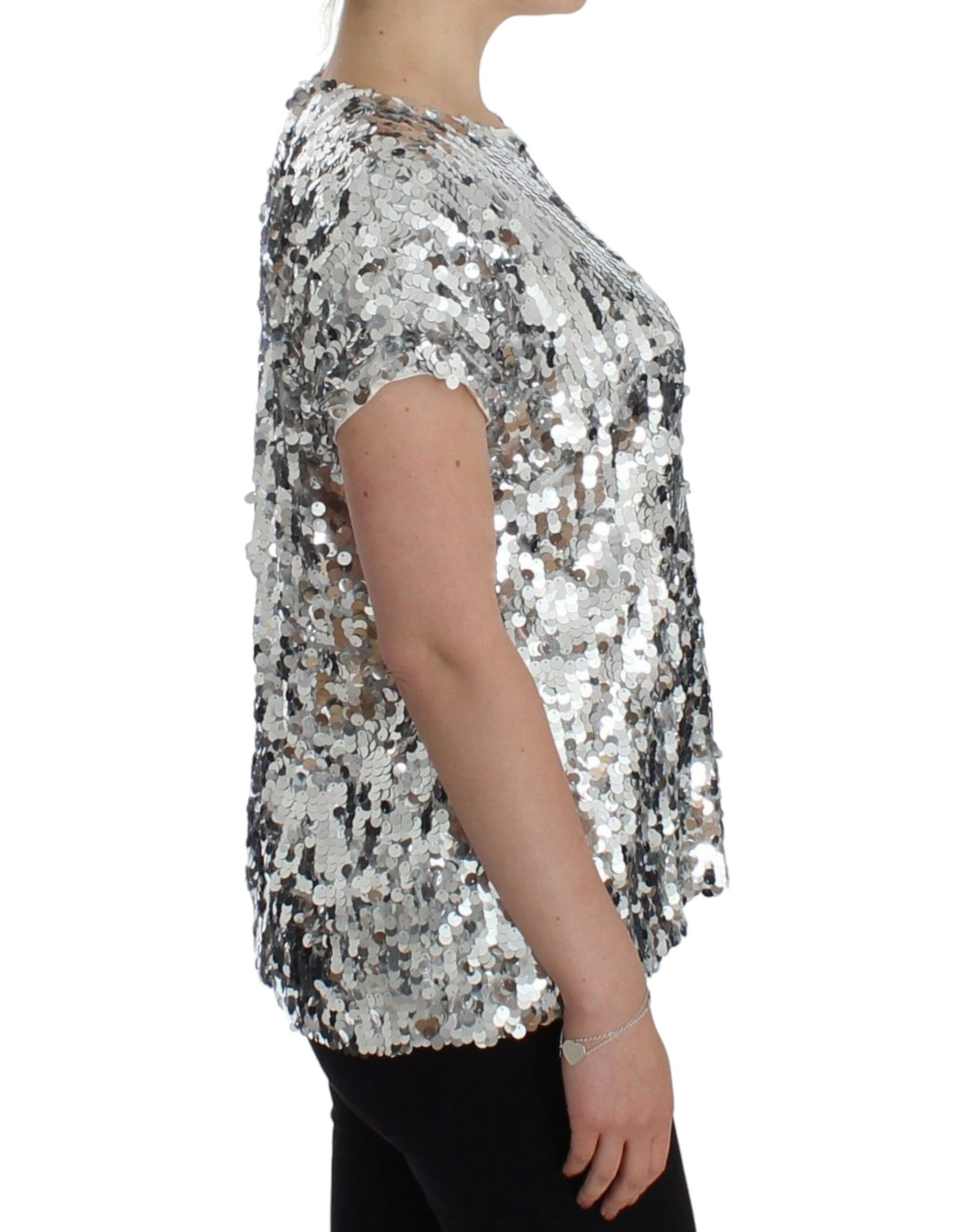 Dolce & Gabbana Silver Sequined Crewneck Blouse T-shirt Top | Regal Royce
